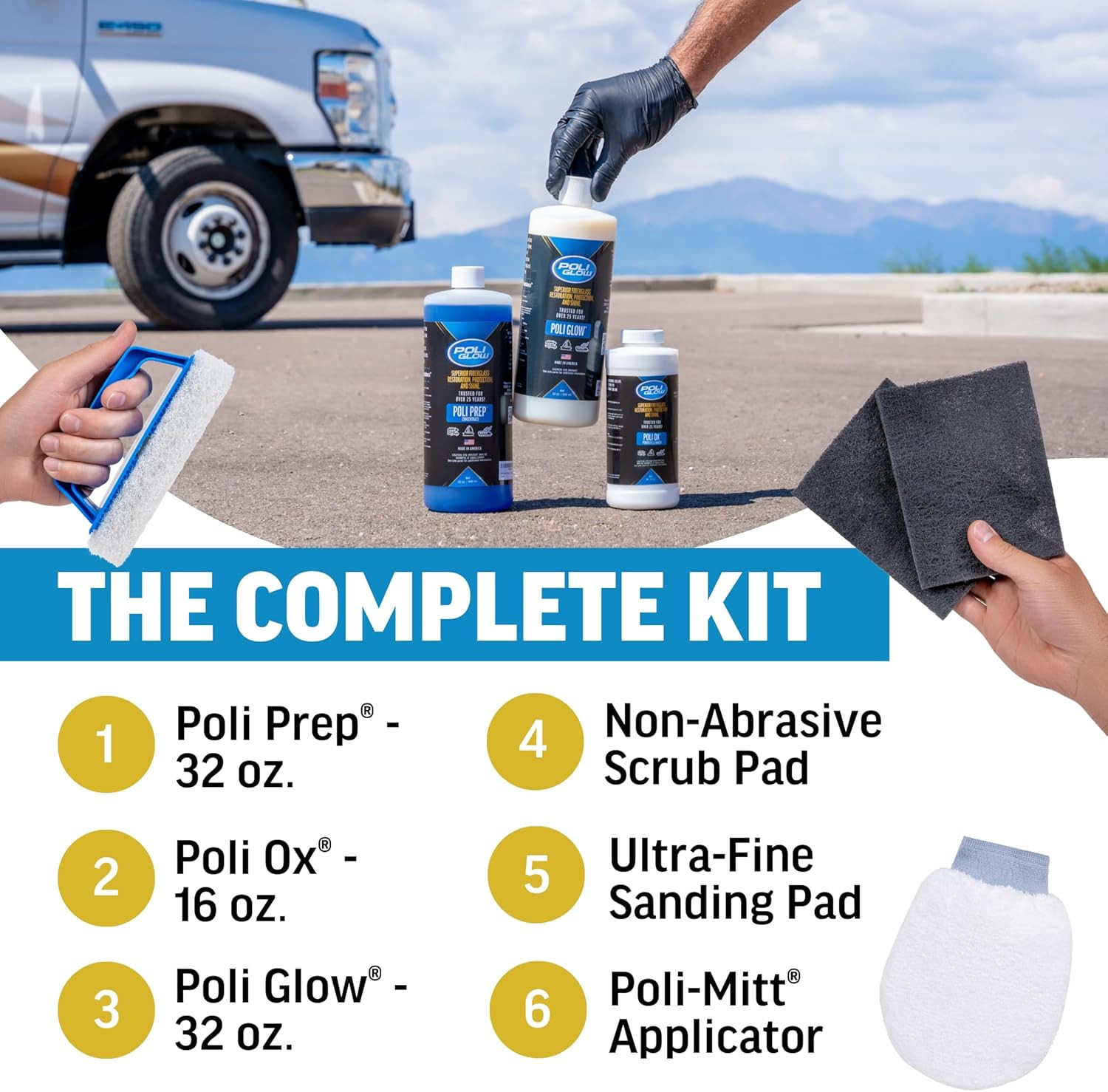 Poli Glow® Deluxe Kit Complete Fiberglass Restorer for Boats and RVs and More