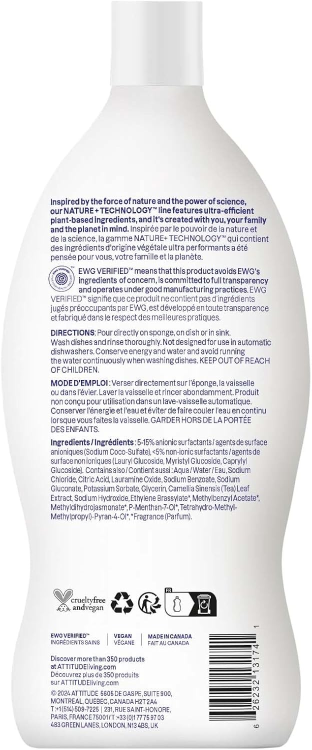 ATTITUDE Dish Soap, EWG Verified, Plant-Based & Vegan Dishwashing Liquid, Natura