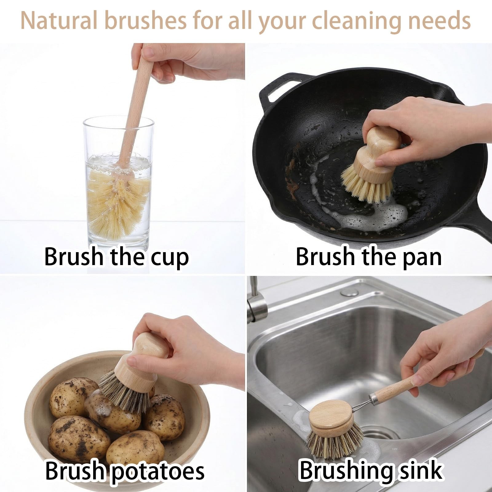 7-Piece Dish Brush Set, Natural Kitchen Scrub Brush Kit with Wooden Handle fo…