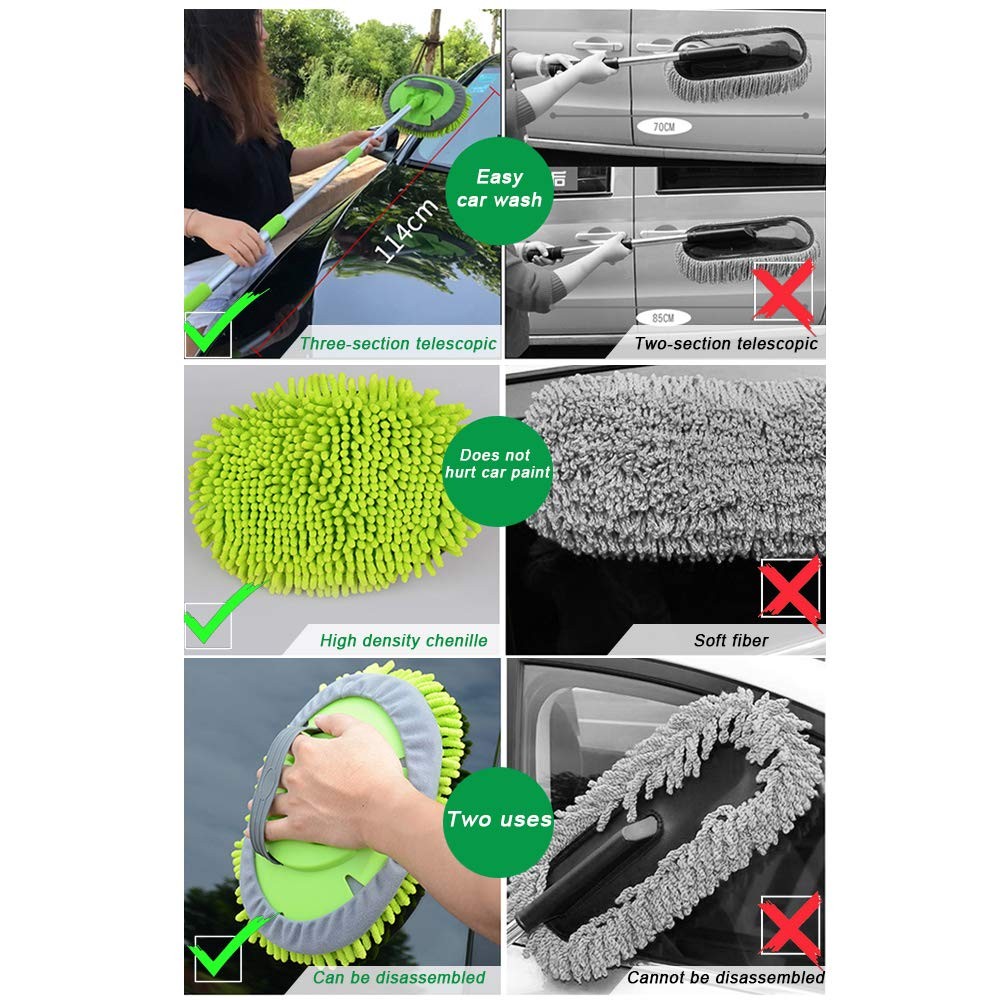 2 in 1 Chenille Microfiber Car Wash Mop Mitt with 46″ Aluminum Alloy Long Han…