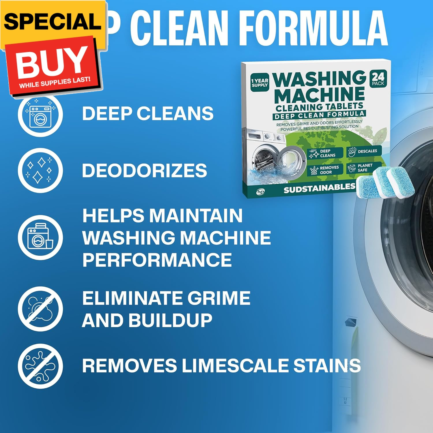 Washing Machine Cleaner Tablets (24-Pack) – Deep Clean for Front or Top Load Was
