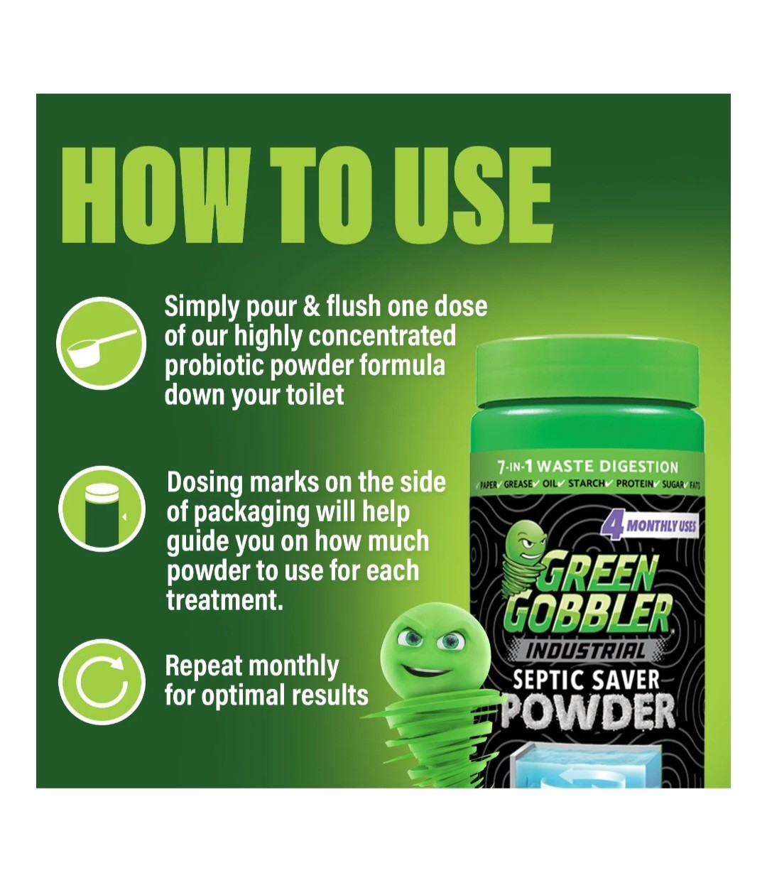 Green Gobbler Ind Septic Saver Tank Treatment Powder – 4 Monthly Doses, 1.7 lbs