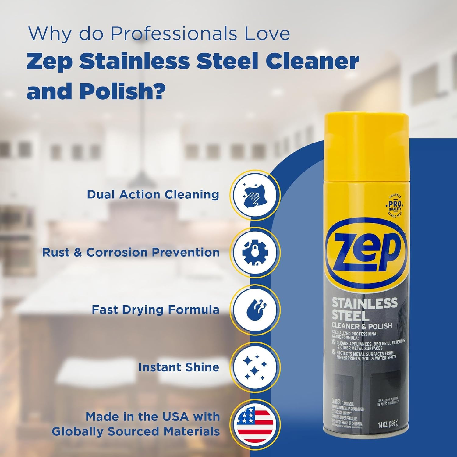 Stainless Steel Cleaner and Polish 14 Ounces – ZUSSTL14 – Protects Metal