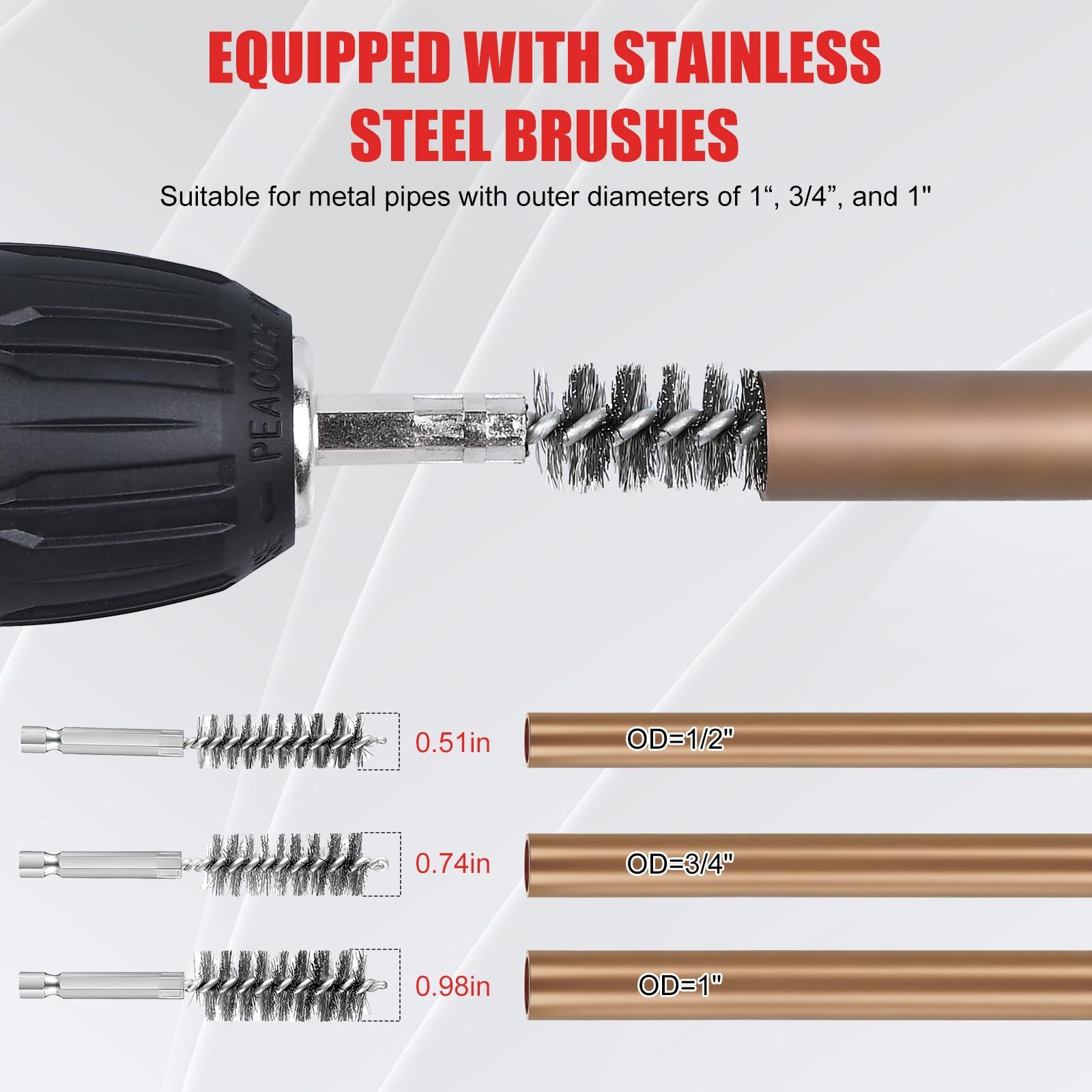 1/2″ & 3/4″ & 1″ Copper Pipe Cleaner for Drill, with 1/4″ Hex Shank & 6 Brush…