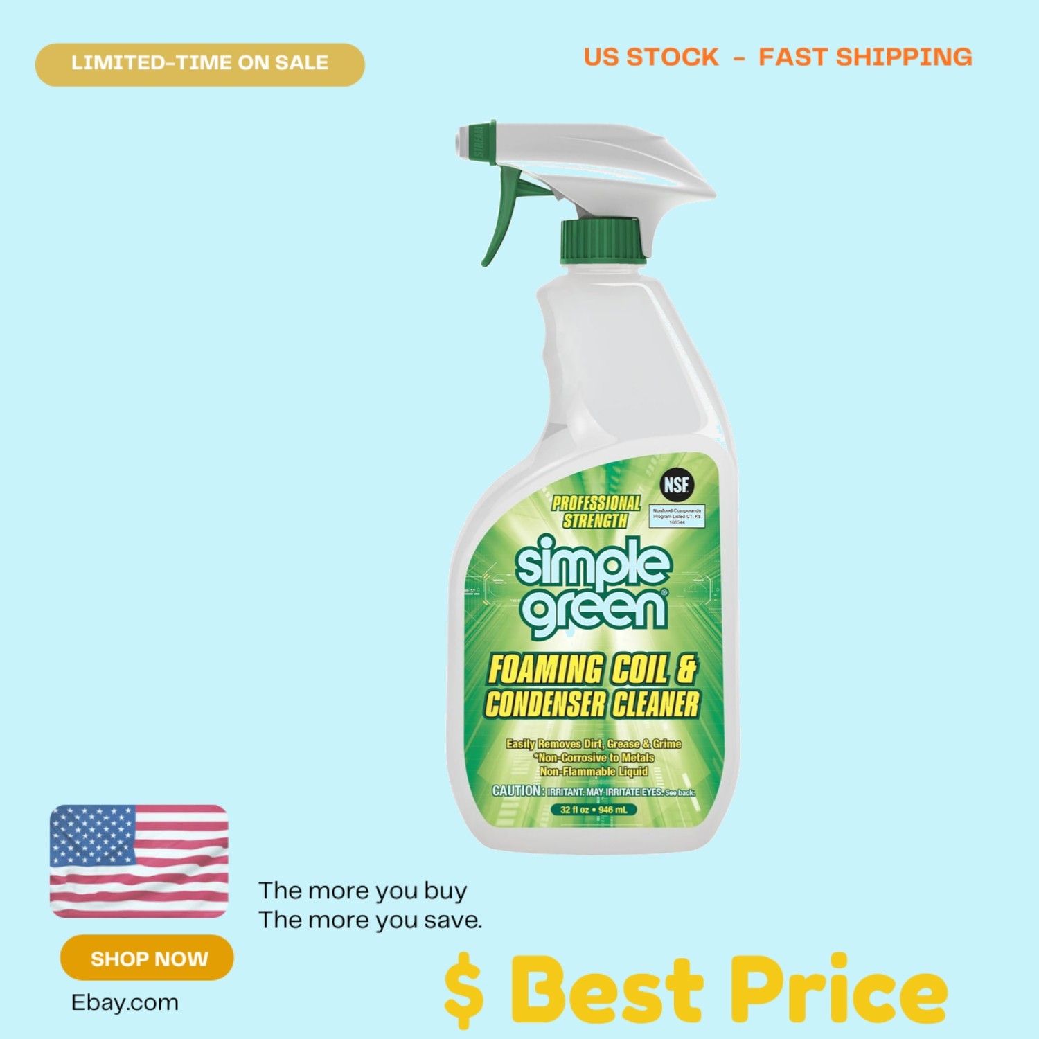 32 Fl Oz Foaming Coil Cleaner – Self-Rinsing Degreaser for HVAC & Refrigerators
