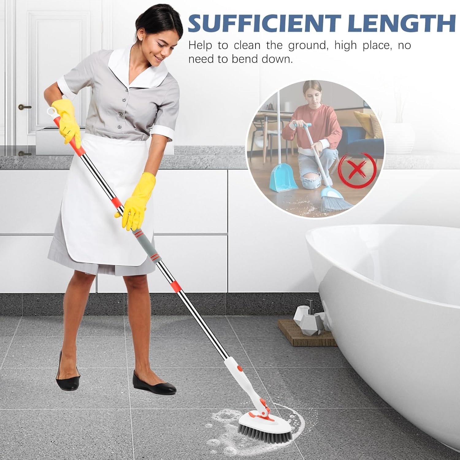 Effortless 52-Inch Floor Scrubber with V-Shaped Grout Brush & Detachable Heads