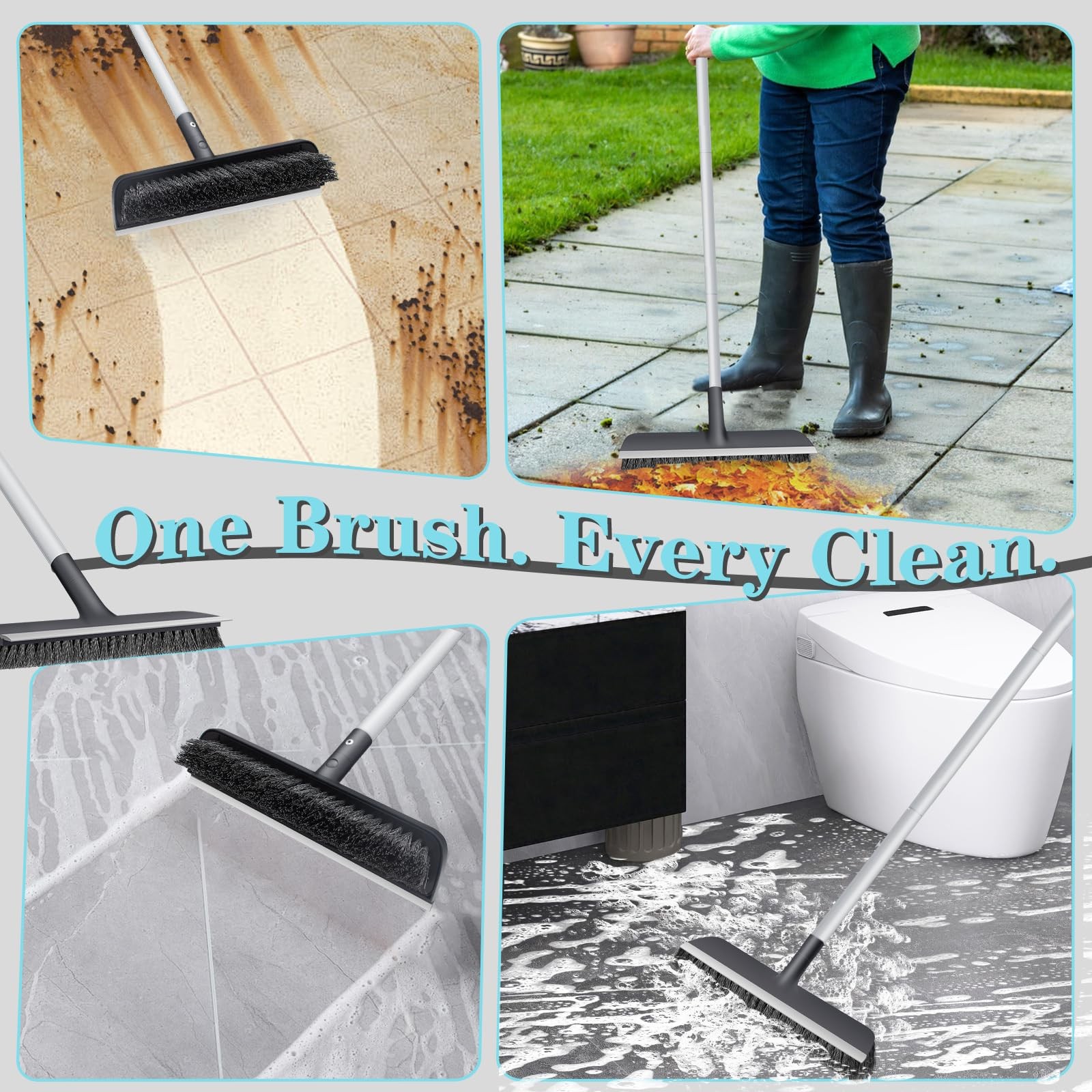 Long Handle Floor Scrub Brush Stiff Bristles Heavy Duty 2 in 1 Squeegee Bathroom