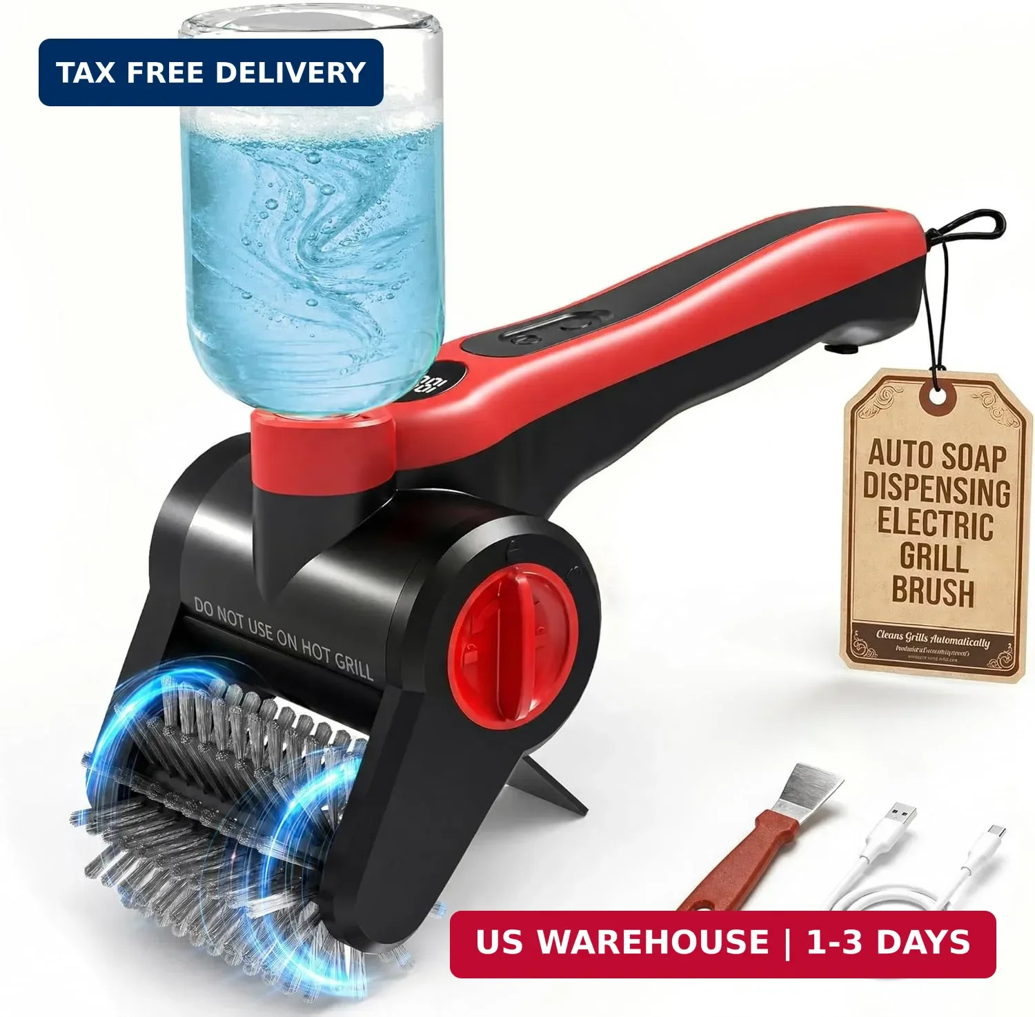 Electric Grill Brush, 100W High Power Cordless BBQ Cleaner with 300ml Water Spra
