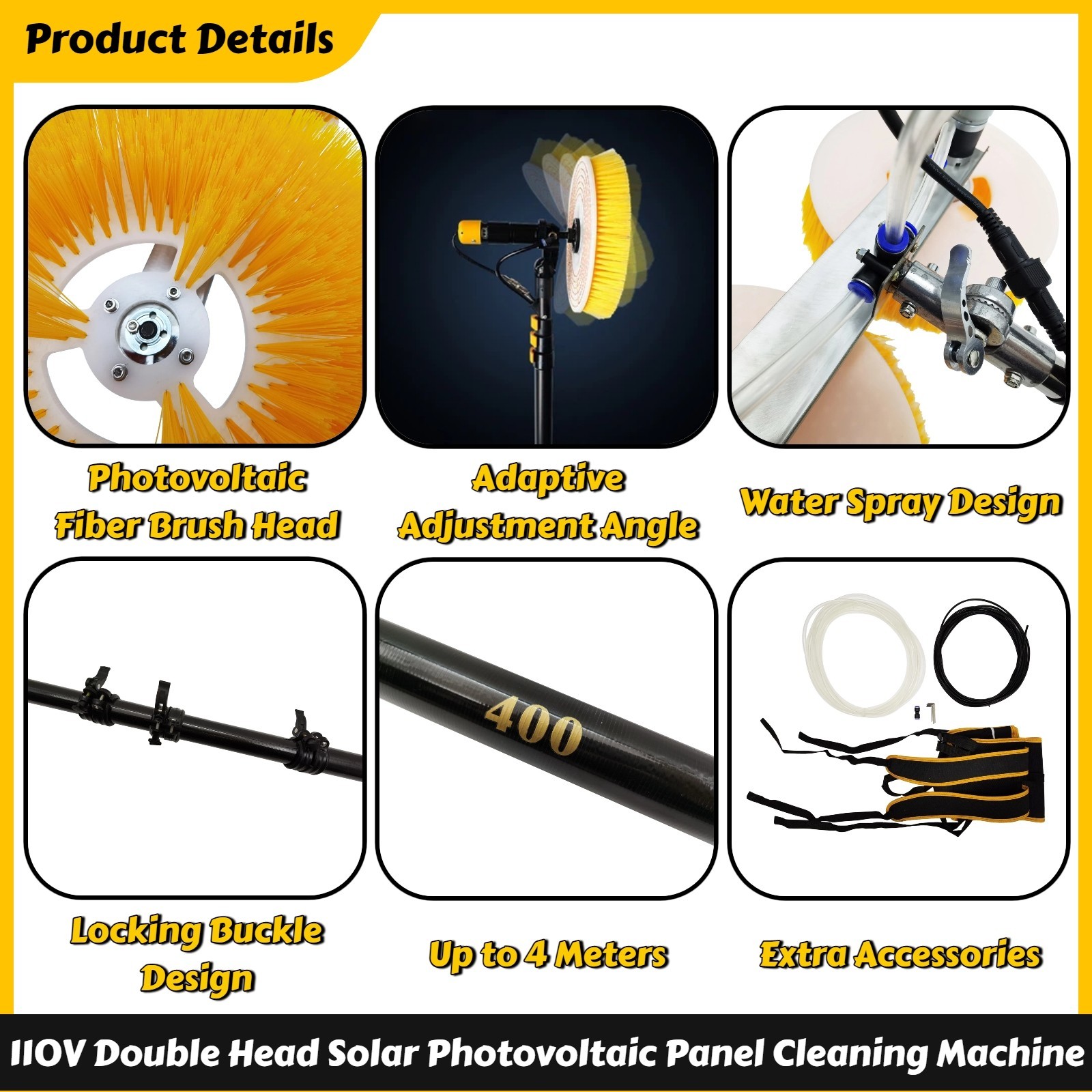 110V 13″ Double Head Solar Photovoltaic Panel Cleaning Machine 4m 350 rpm/min