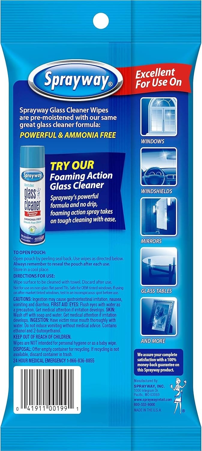 Sprayway SW199R Ammonia-Free Glass Cleaner Wipes Fresh Scent 20 Count