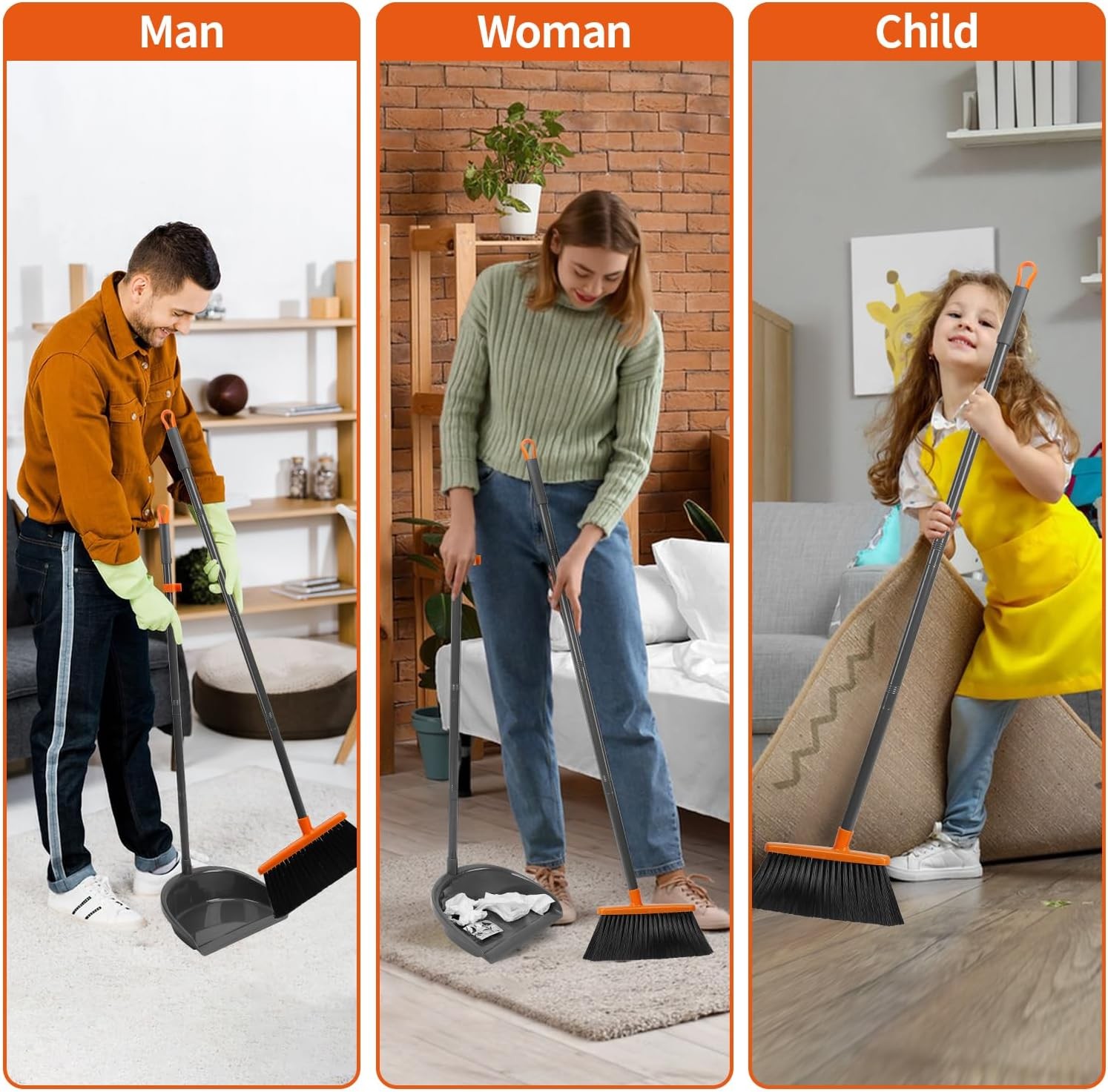 Broom and Dustpan Set ，Long Handle Broom with Upright Standing Dust