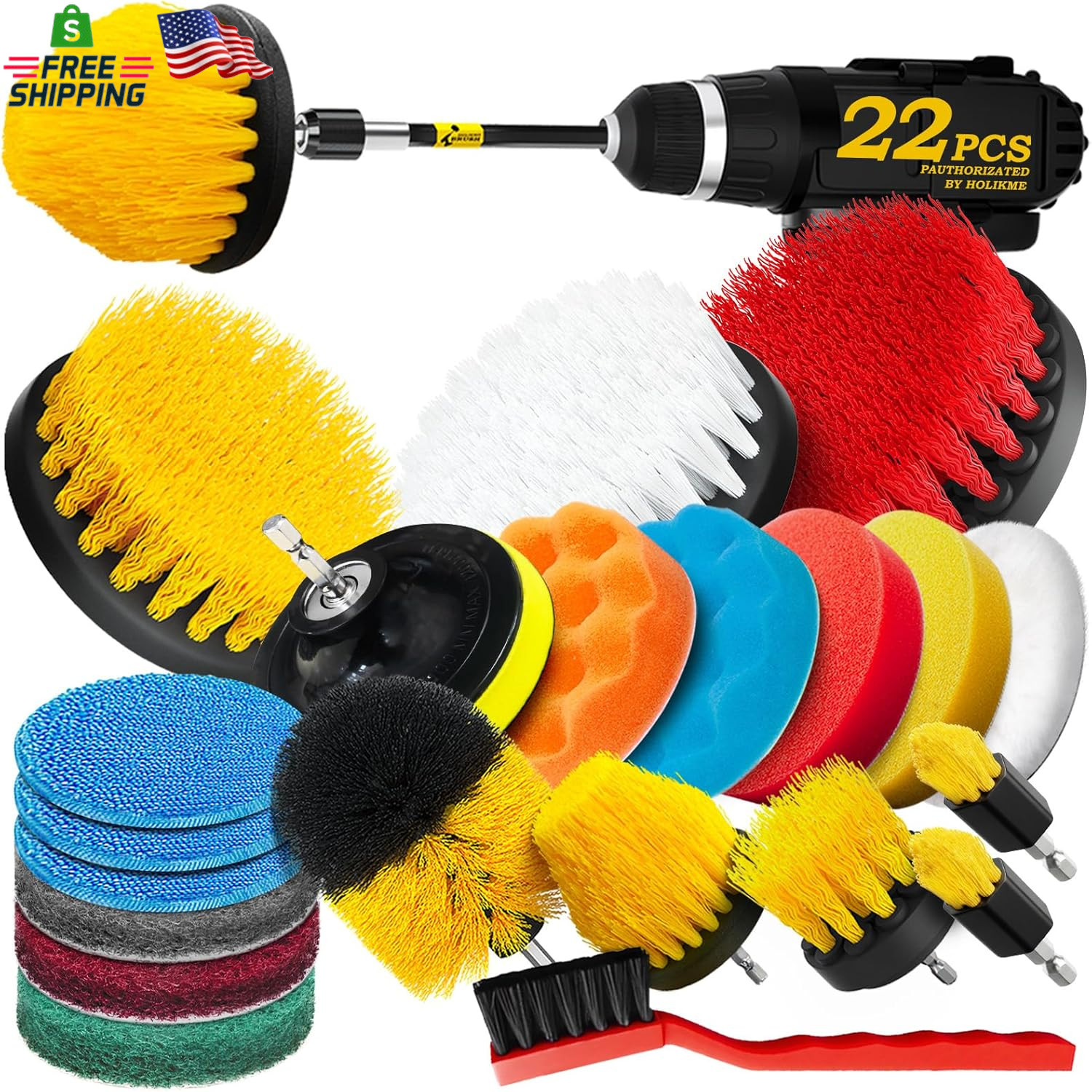 Holikme 22Pack Drill Brush Attachments Set,Scrub Pads & Sponge, Buffing Pads,Pow