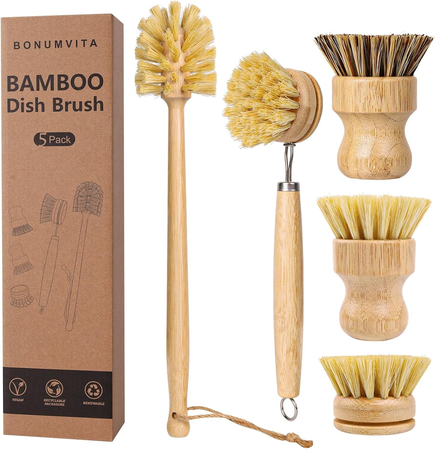 5 Pack Bamboo Dish Brush Set, Wooden Dish Brush with 14’’ Bottle Brush, Natural