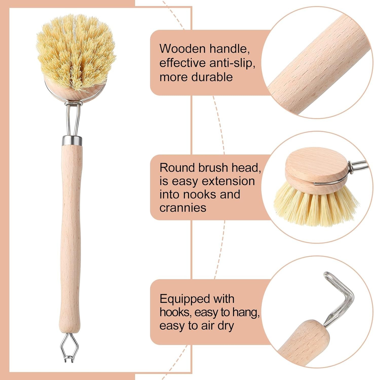 4 Pcs Kitchen Dish Brush with Beechwood Handle Natural Wooden Handle Scrub Br…