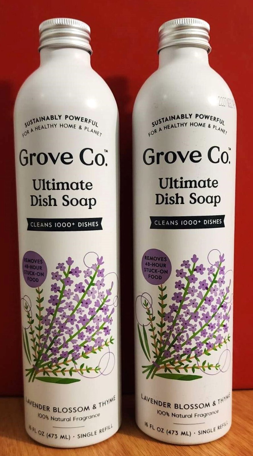 2 x Grove Co Ultimate Dish Soap REFILLS Aluminum Bottle Lavender & Thyme 16 oz