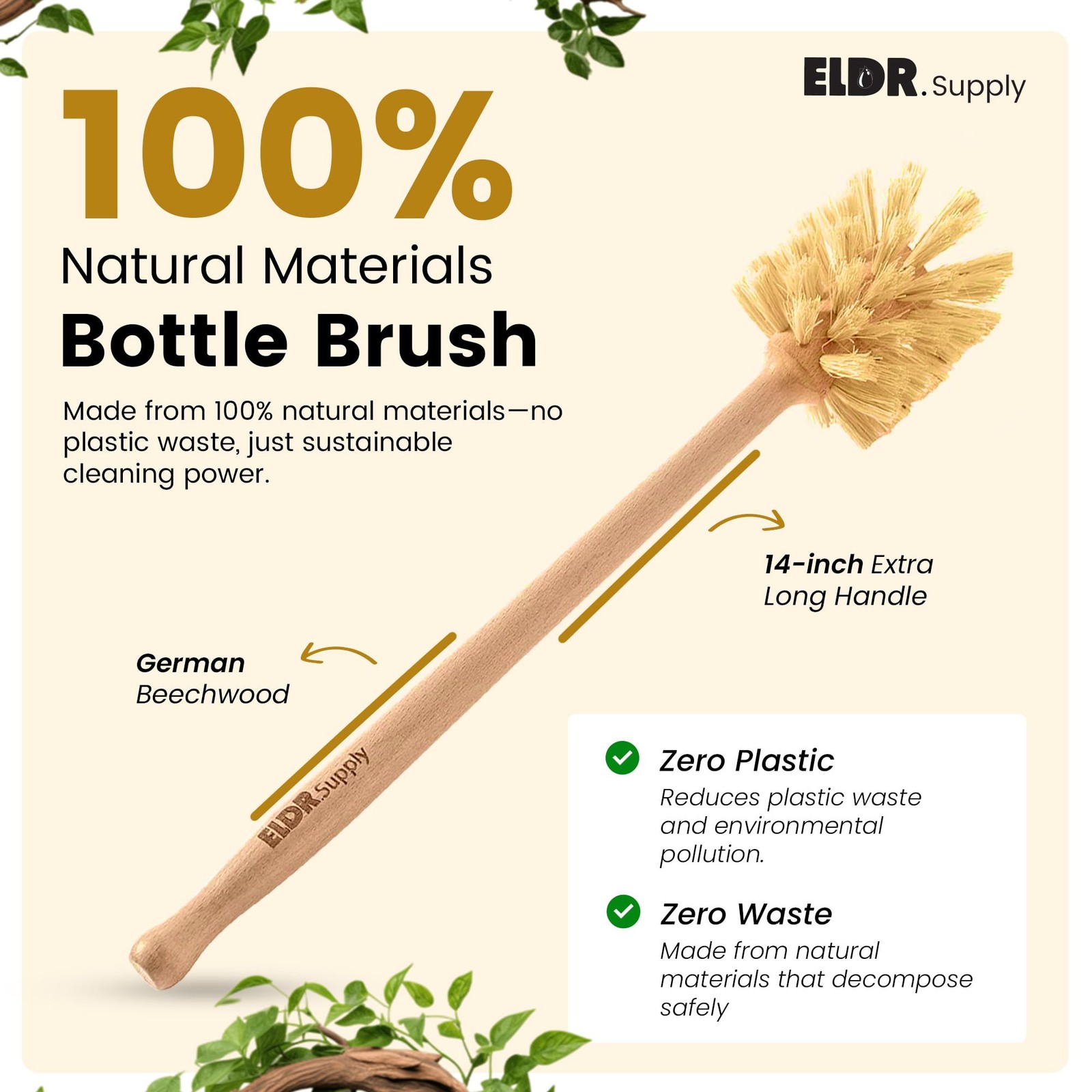 Bottle Brush, 14in Extra Long German Beechwood Handle, Strong Hemp Bristles, …