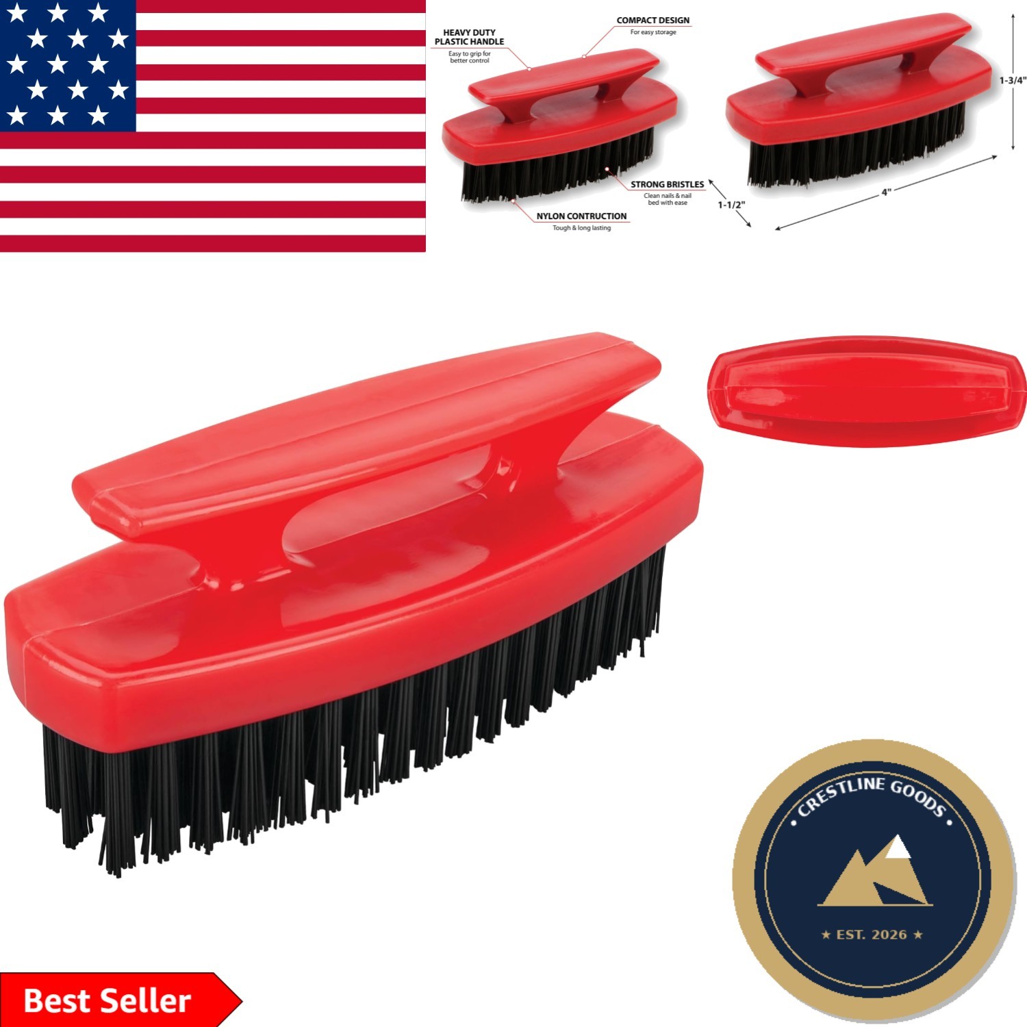 Durable Nylon Bristle Scrub Brush with Comfort Grip for Nail and Hand Cleaning