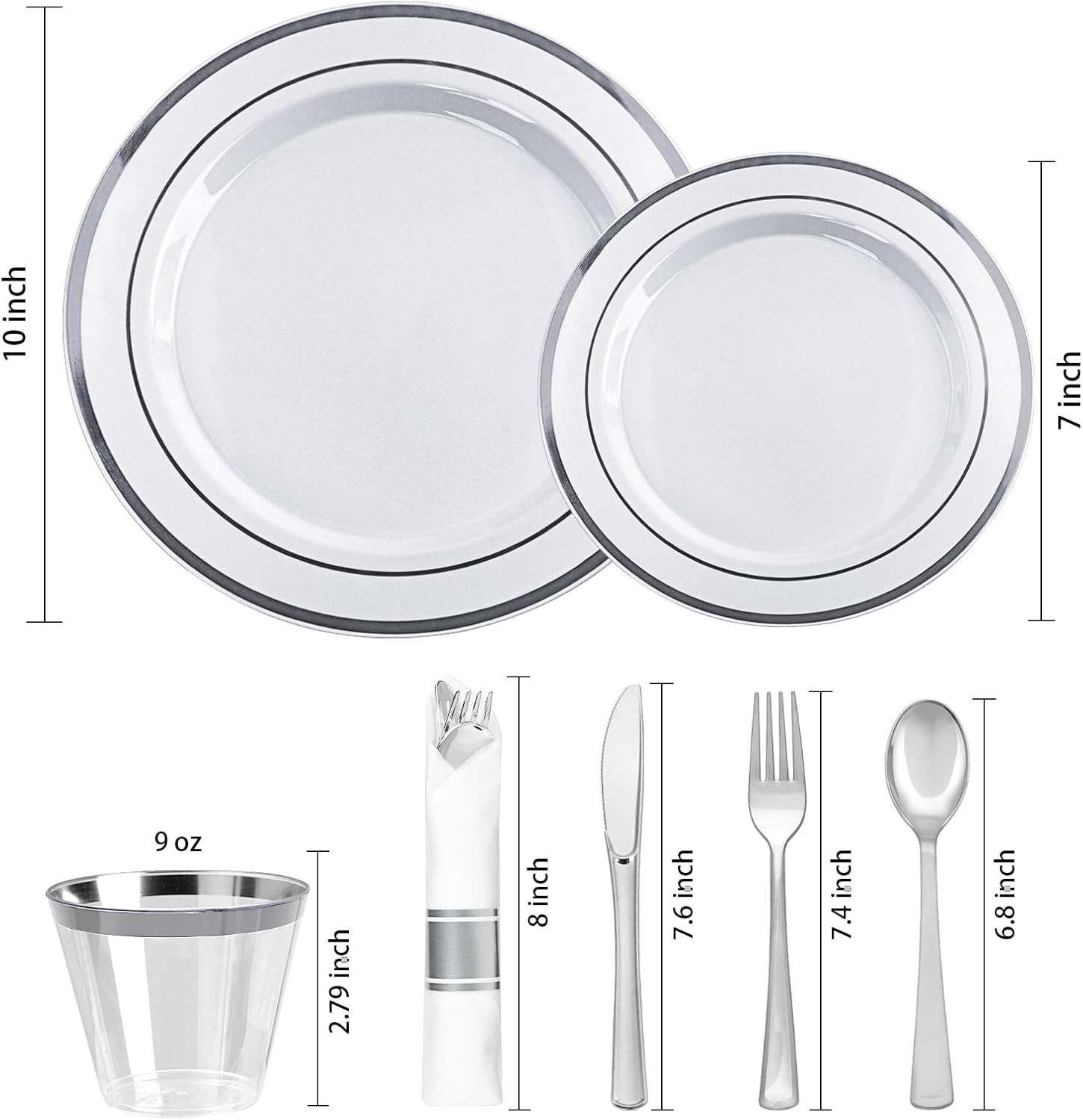175 PCS White and Silver Plastic Dinnerware Set for 25 Guests, 50 Disposable P