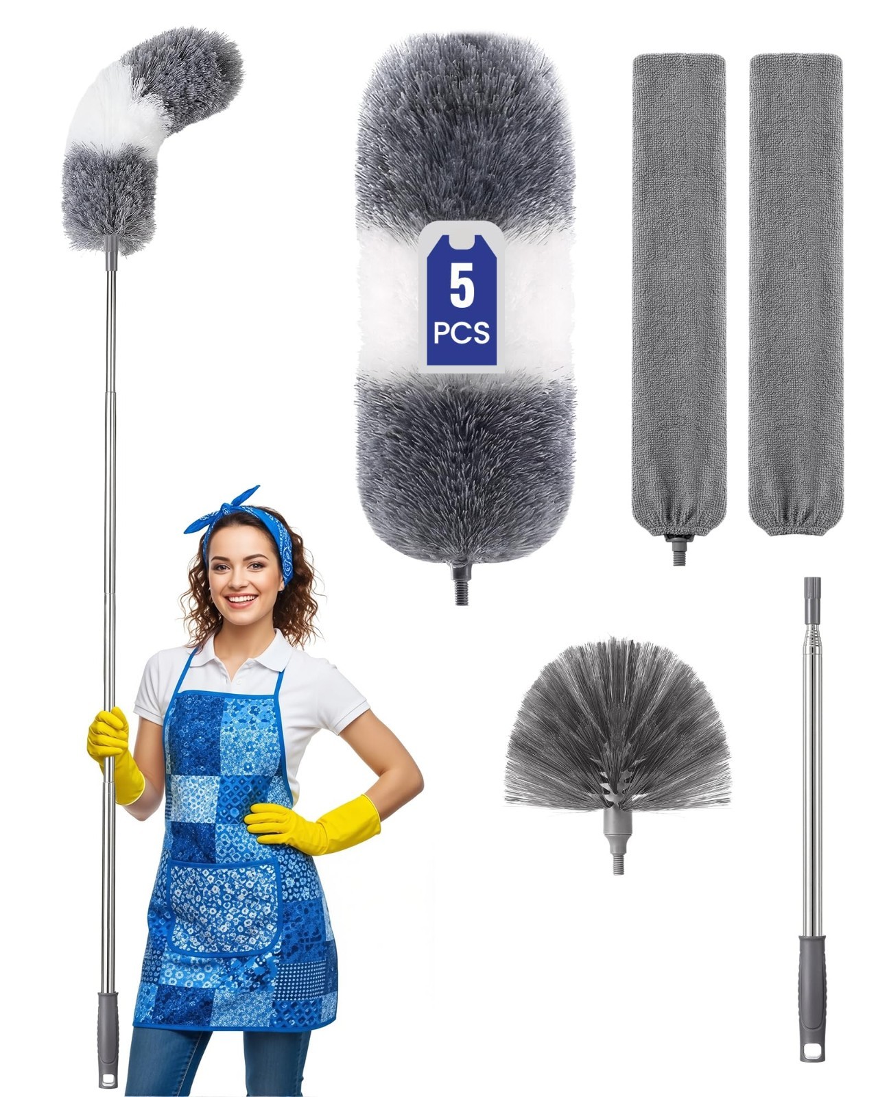 Extra-Long Duster Kit with Extension Pole, Microfiber Dusting Cloths, 5-in-1 Cle
