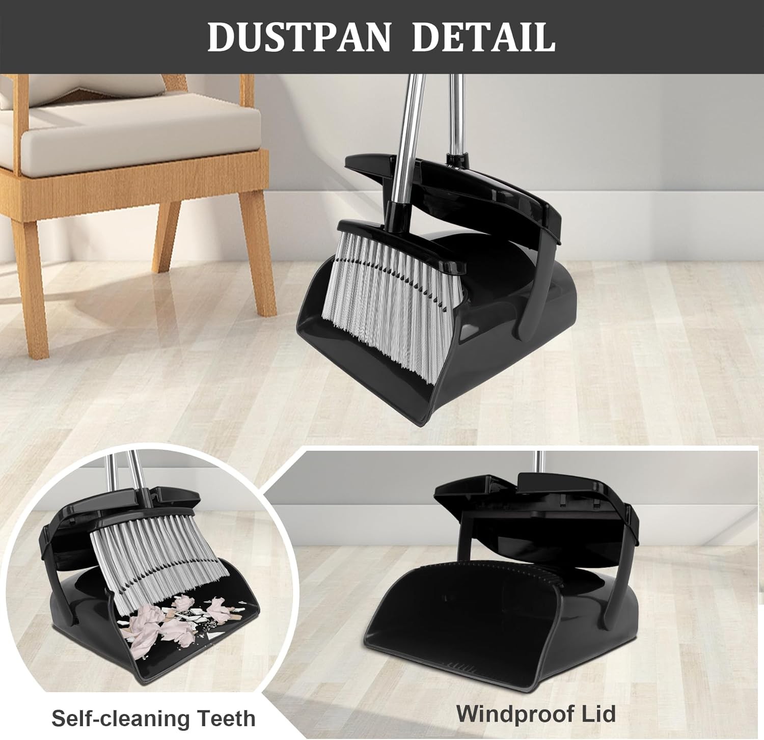 Broom and Dustpan Set, Long Handle Broom with Dustpan bo Set, Windproof