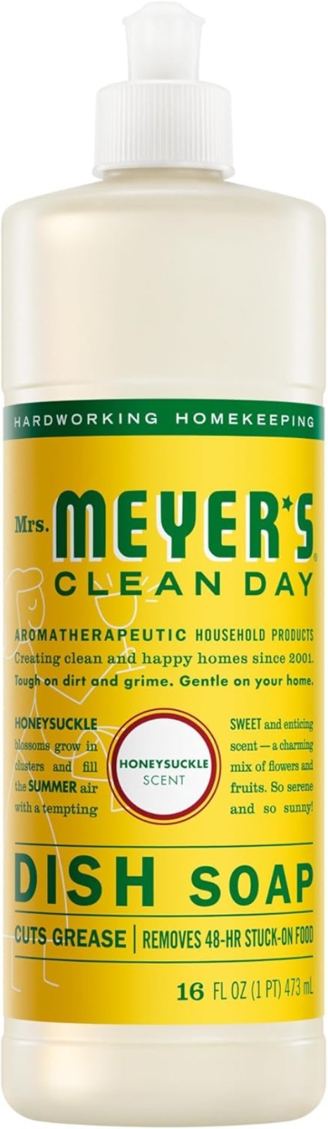 MRS. MEYER’S CLEAN DAY Liquid Dish Soap, Honeysuckle Scent, 16 Fl Oz Bottle