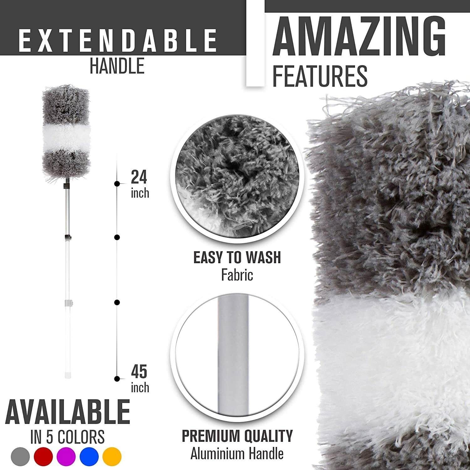 Telescopic Microfiber Duster w/ Extension Pole, Scratch Free (Black)