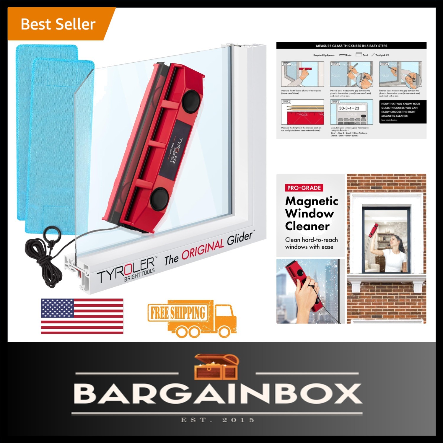 Effortless Double-Sided Magnetic Window Cleaner for 0.1″-0.3″ Glass Thickness