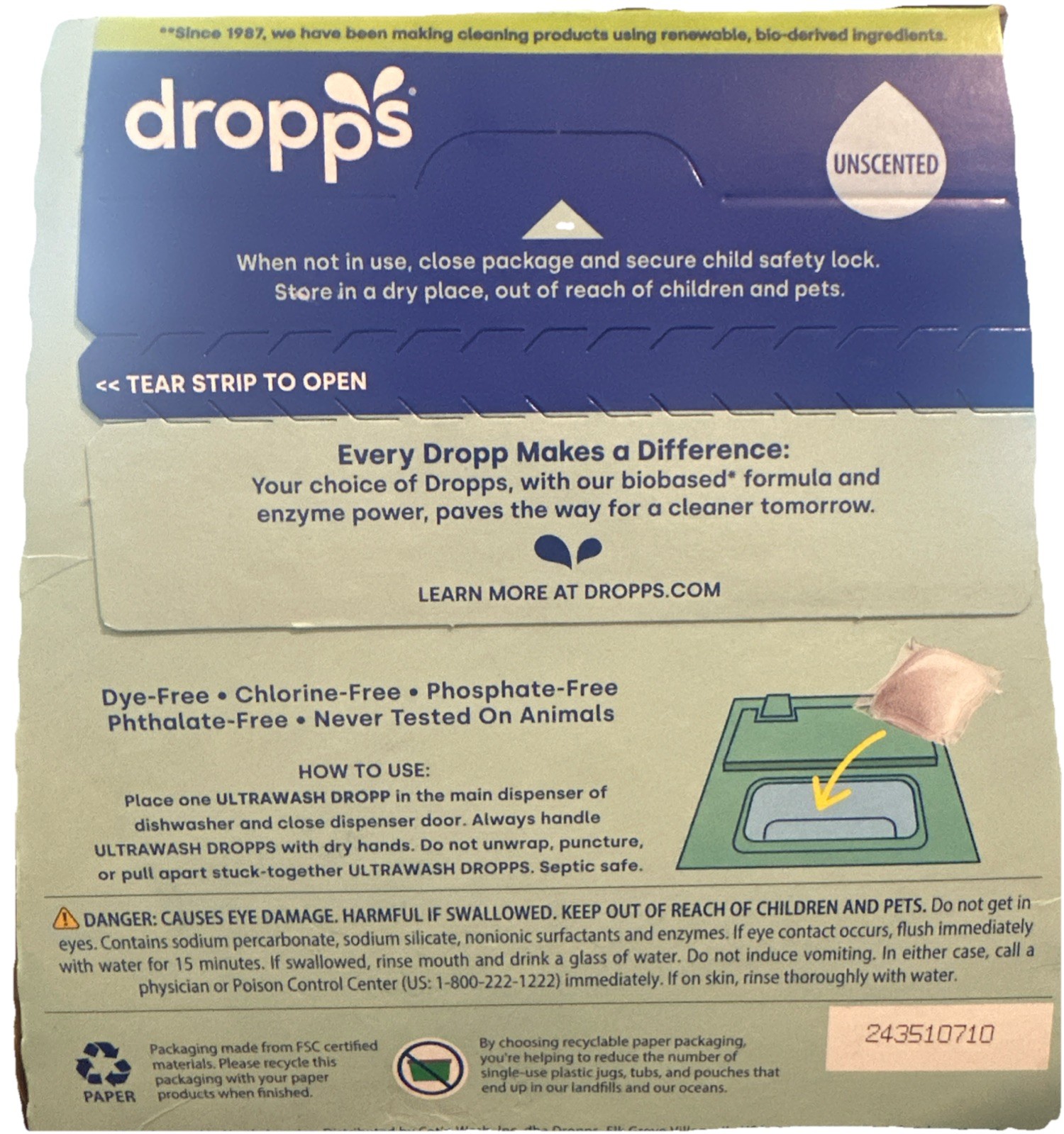 Dropp’s Ultra wash Biobased Dishwasher Detergent Pods 48 Ct Unscented