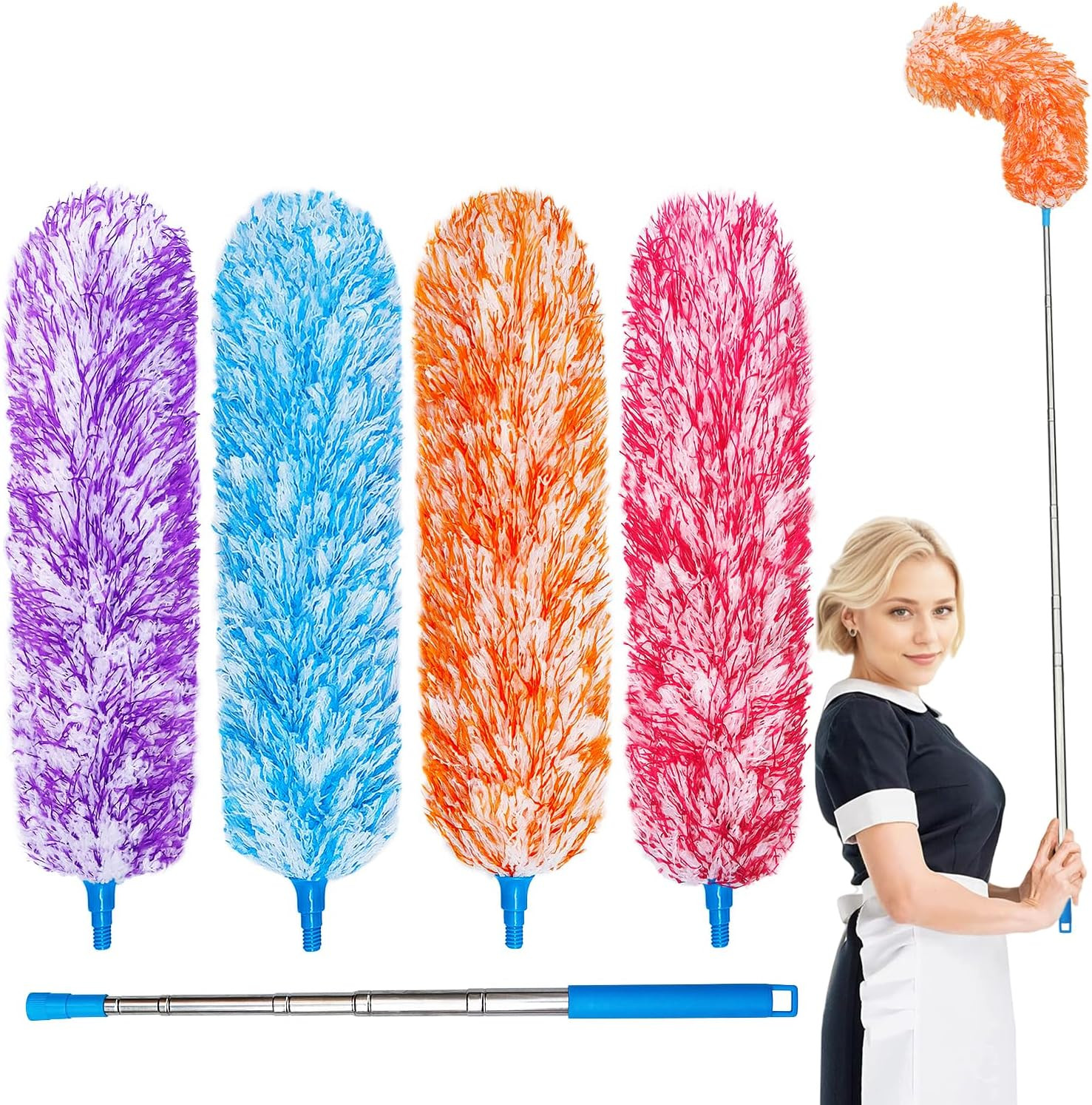 4 Pack Microfiber Feather Dusters, up to 55 Inch Extension Pole, Cobweb