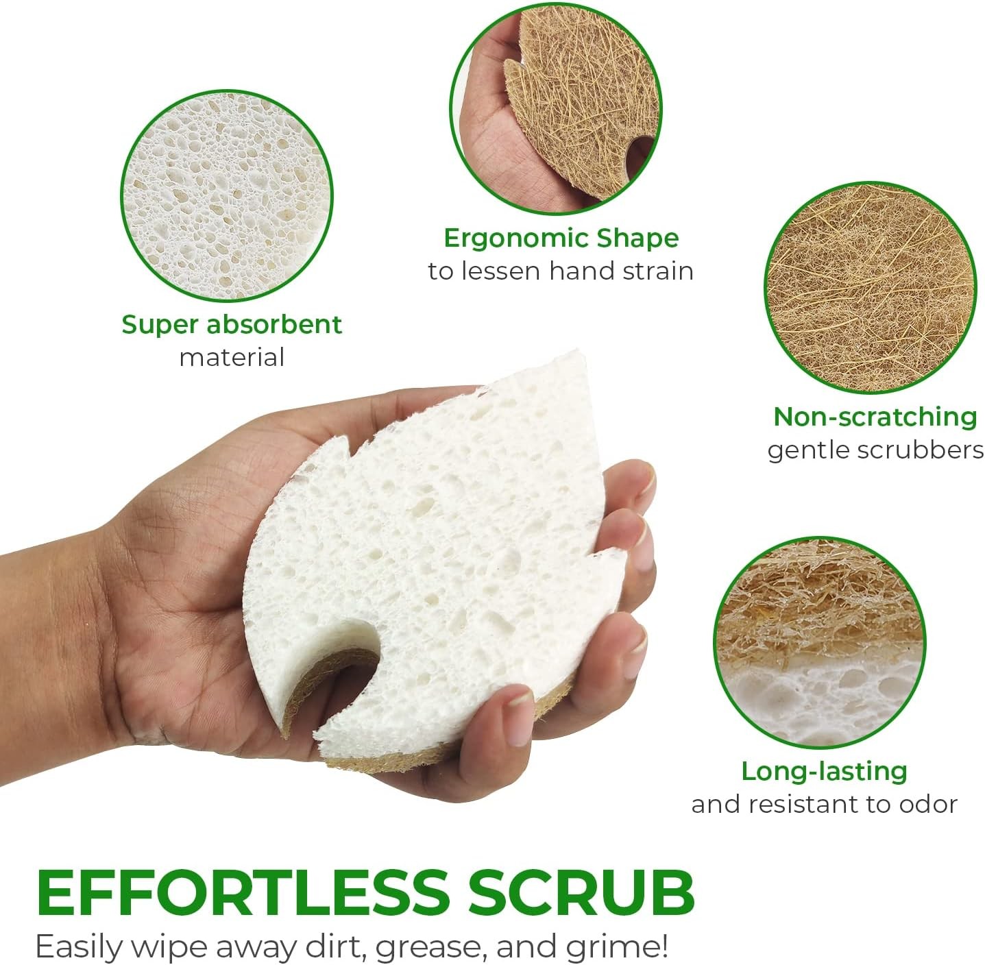 Natural Kitchen Sponges (6 Pack) – Biodegradable Cellulose & Coconut Scrubber