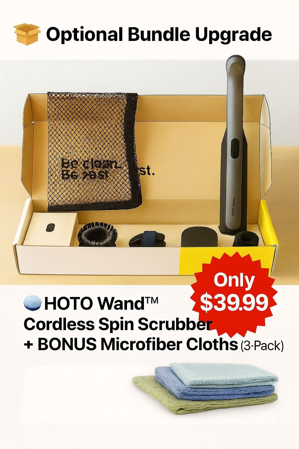 HOTO Wand Cordless Spin Scrubber Kit + 3 Microfiber Cloths Bundle – 12 Pc Set