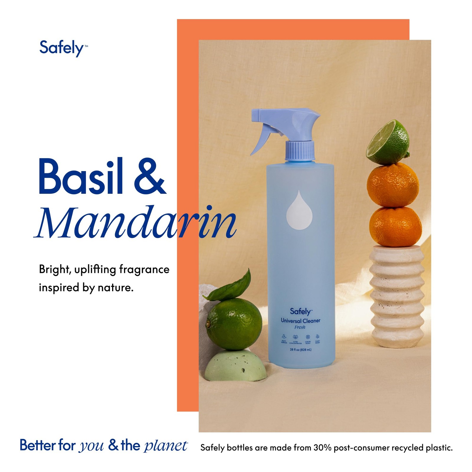 Safely Plant-Based Multi Purpose Cleaner Spray, Fresh Basil & Mandarin Scent,…