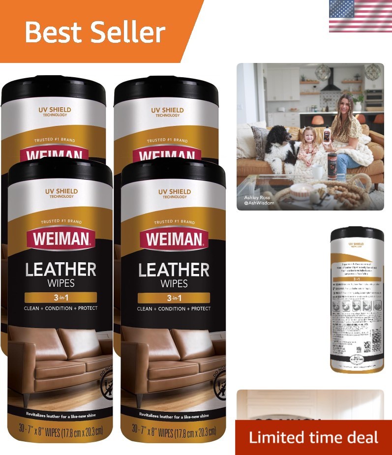 Leather Cleaner Wipes – Pack of 4 for Furniture, Car Interior & Accessories Care