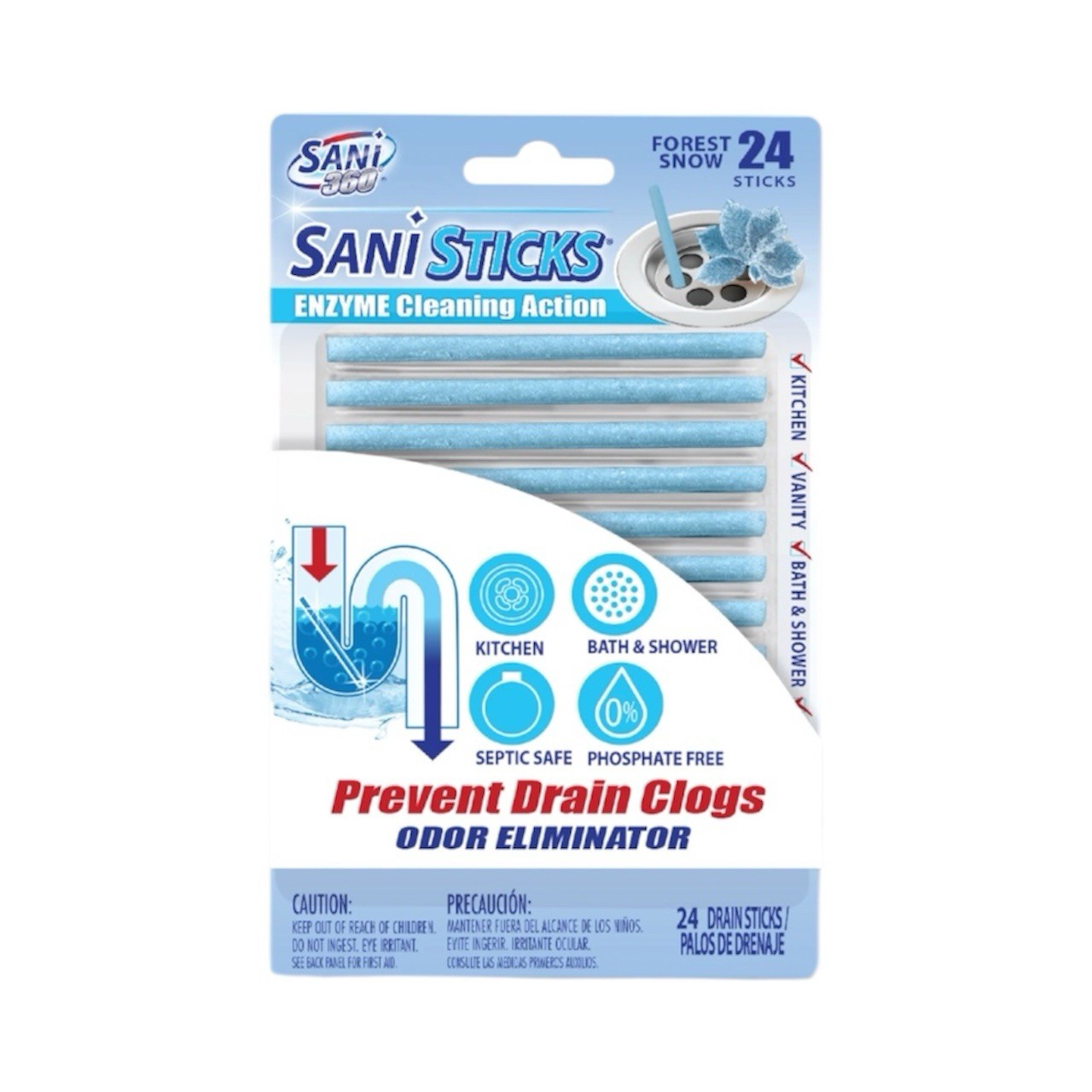 SANI 360° Sani Sticks Drain Cleaner and Deodorizer, Forest Snow Scent, 24 Count