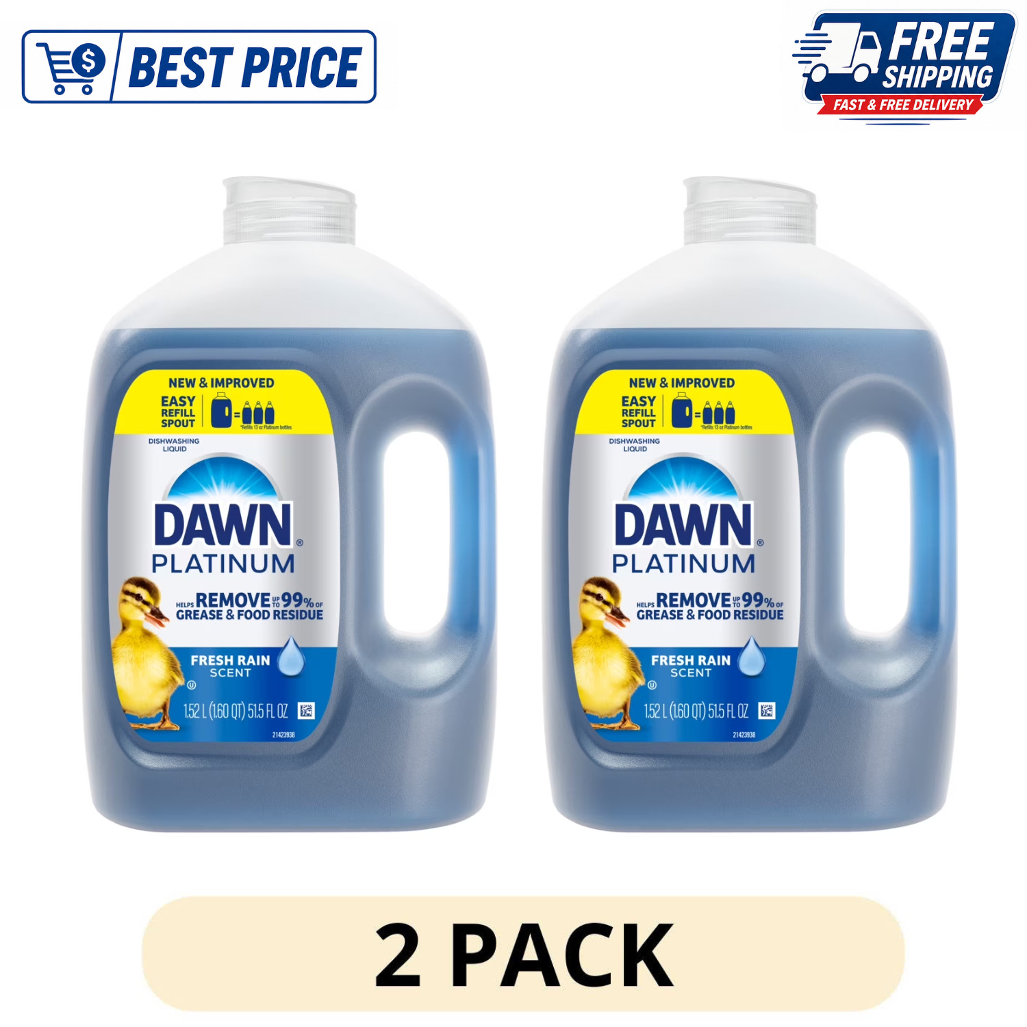 (2 Pack) Dawn Platinum Dishwashing Liquid Refill Jug Fresh Rain, 68 fl oz Each