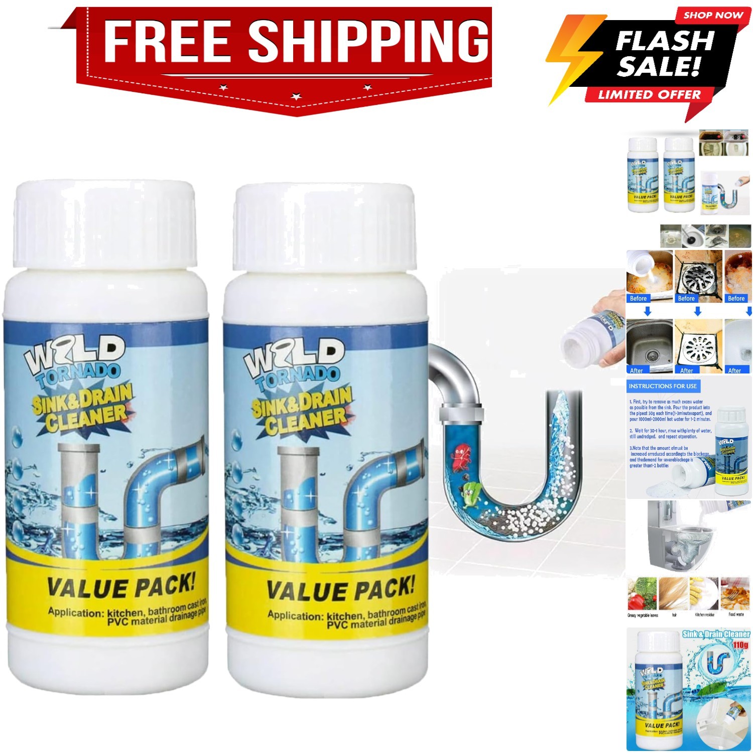 Wild Tornado Powerful Sink & Drain Cleaner Powder – Quick Foaming Super Clean…