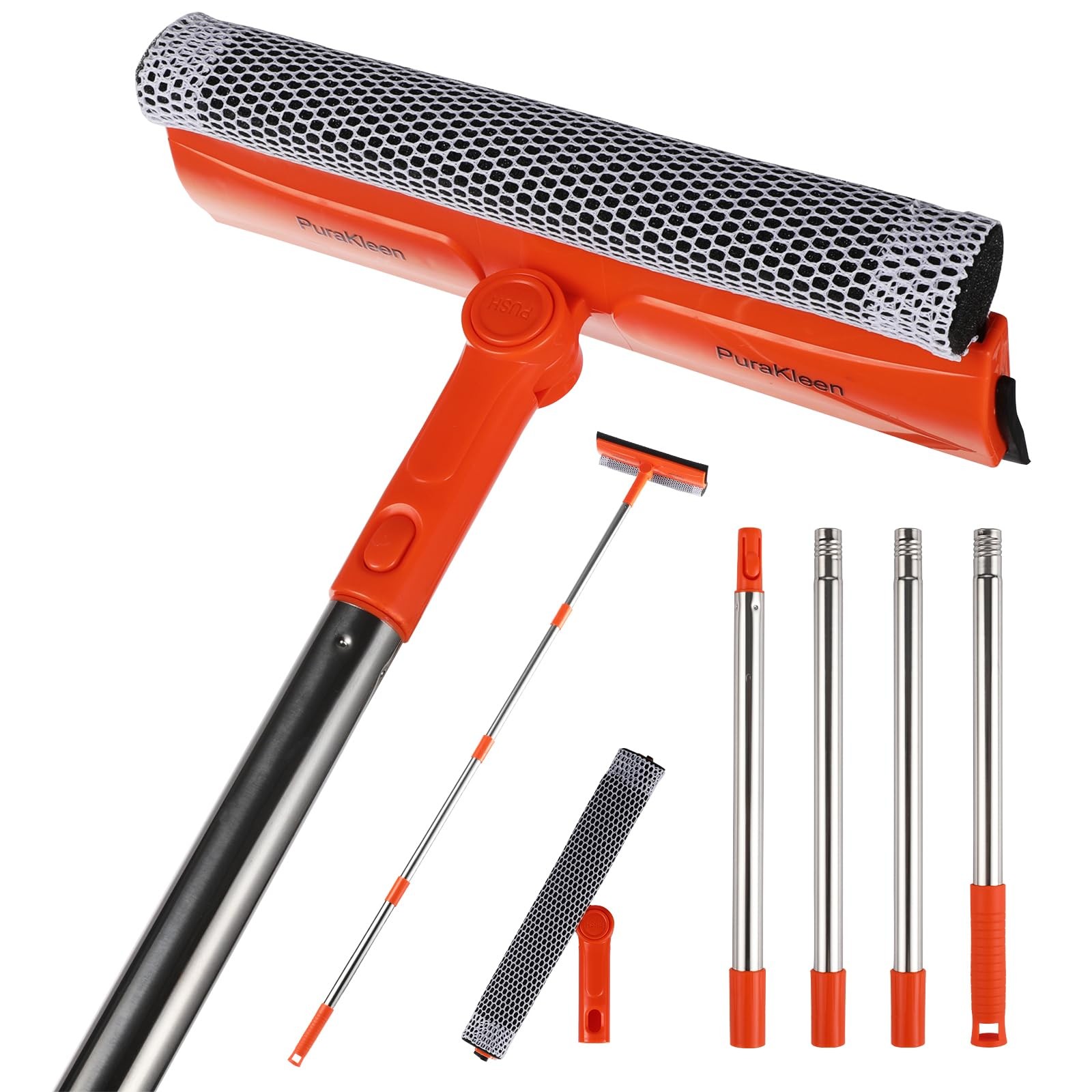 Window Squeegee with 62″ Adjustable Stainless Steel Pole —2-in-1 Sponge Scrub…