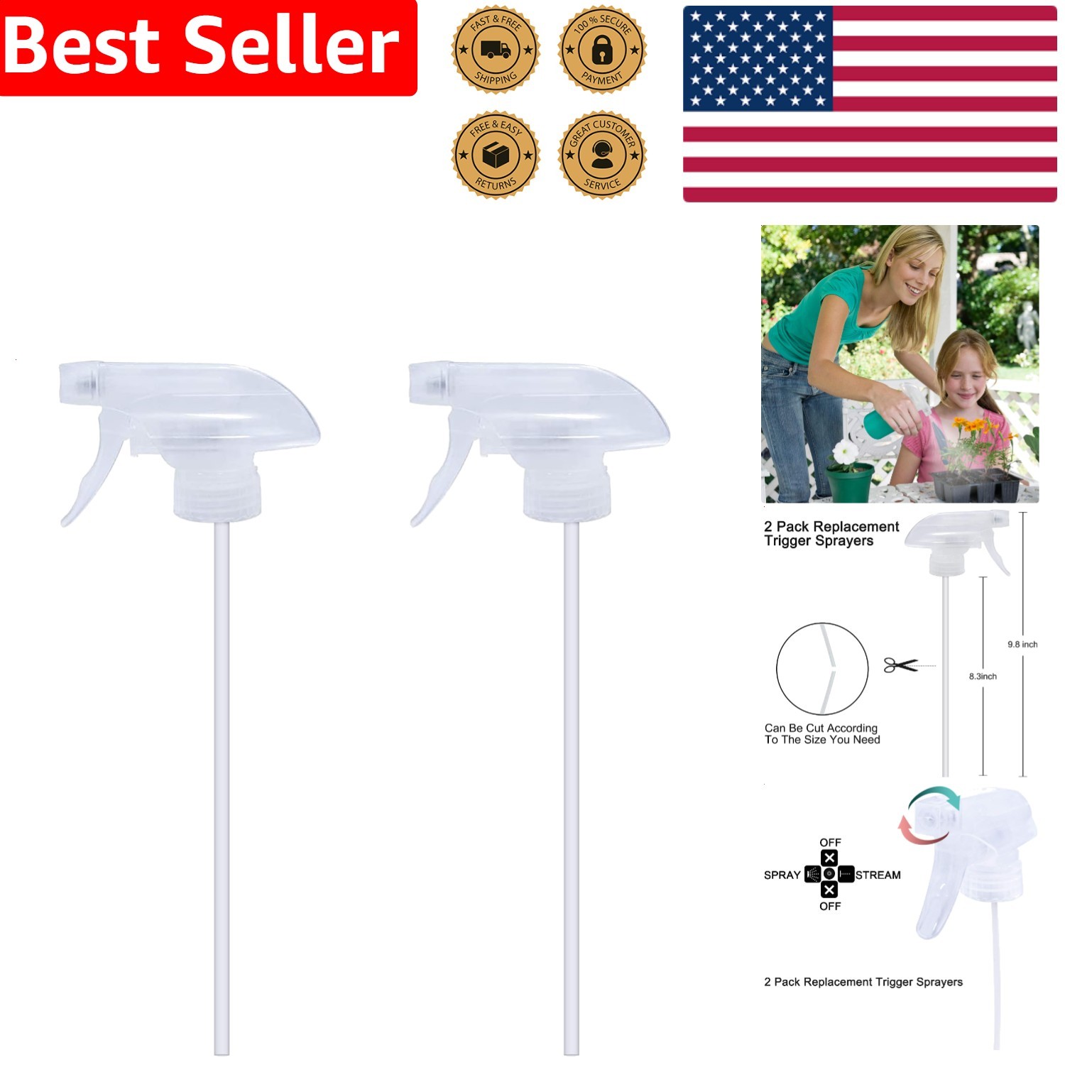 Replacement Spray Bottle Trigger Nozzles 2 Clear Mist Stream for 8oz Bottles