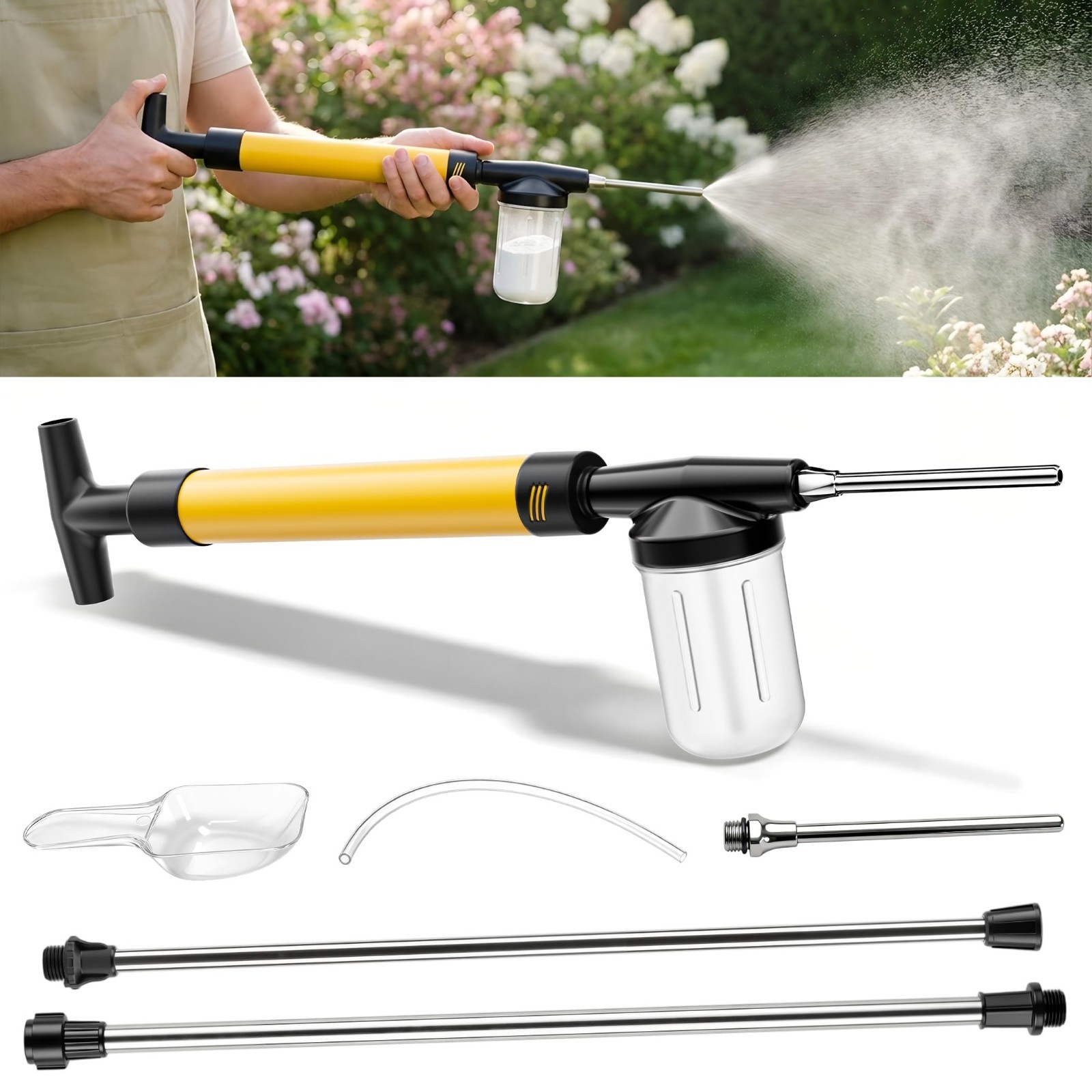 Adjustable Powder Duster with 4FT Extension Pole, Manual Pump Sprayer for Garden