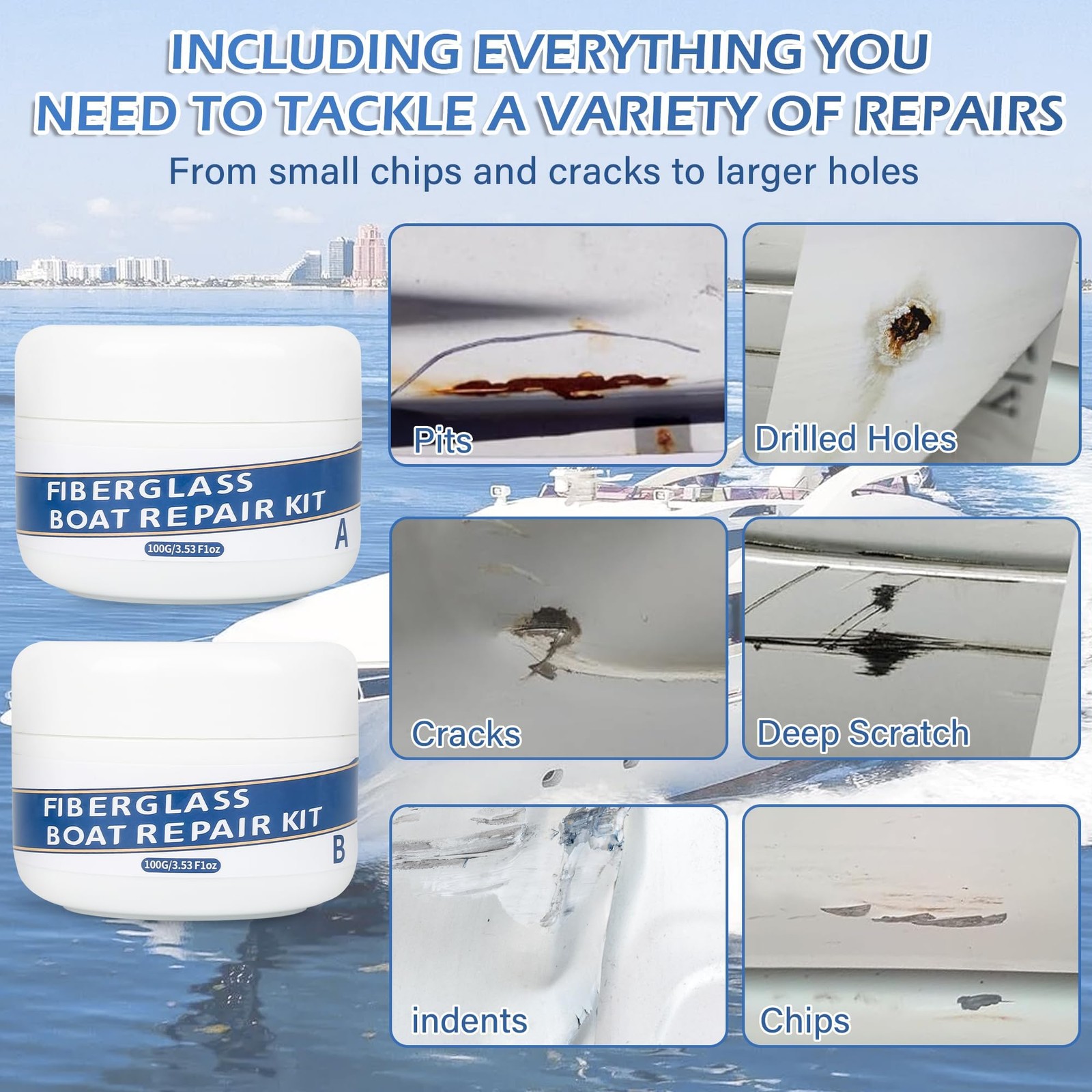 Marine Fiberglass Repair Kit for Boats, 200g/7.06oz Gel Coat Kepair kit for B…