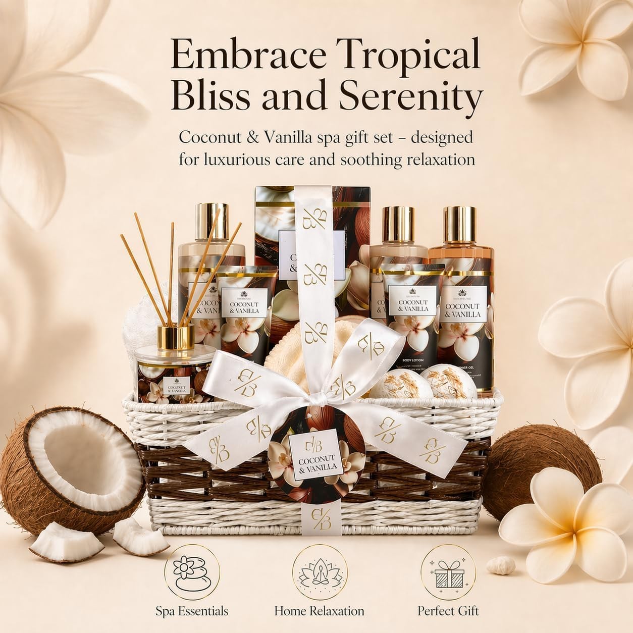 Spa Gift Basket for Women, Coconut & Vanilla 12-Piece Bath Gift Set with Showe