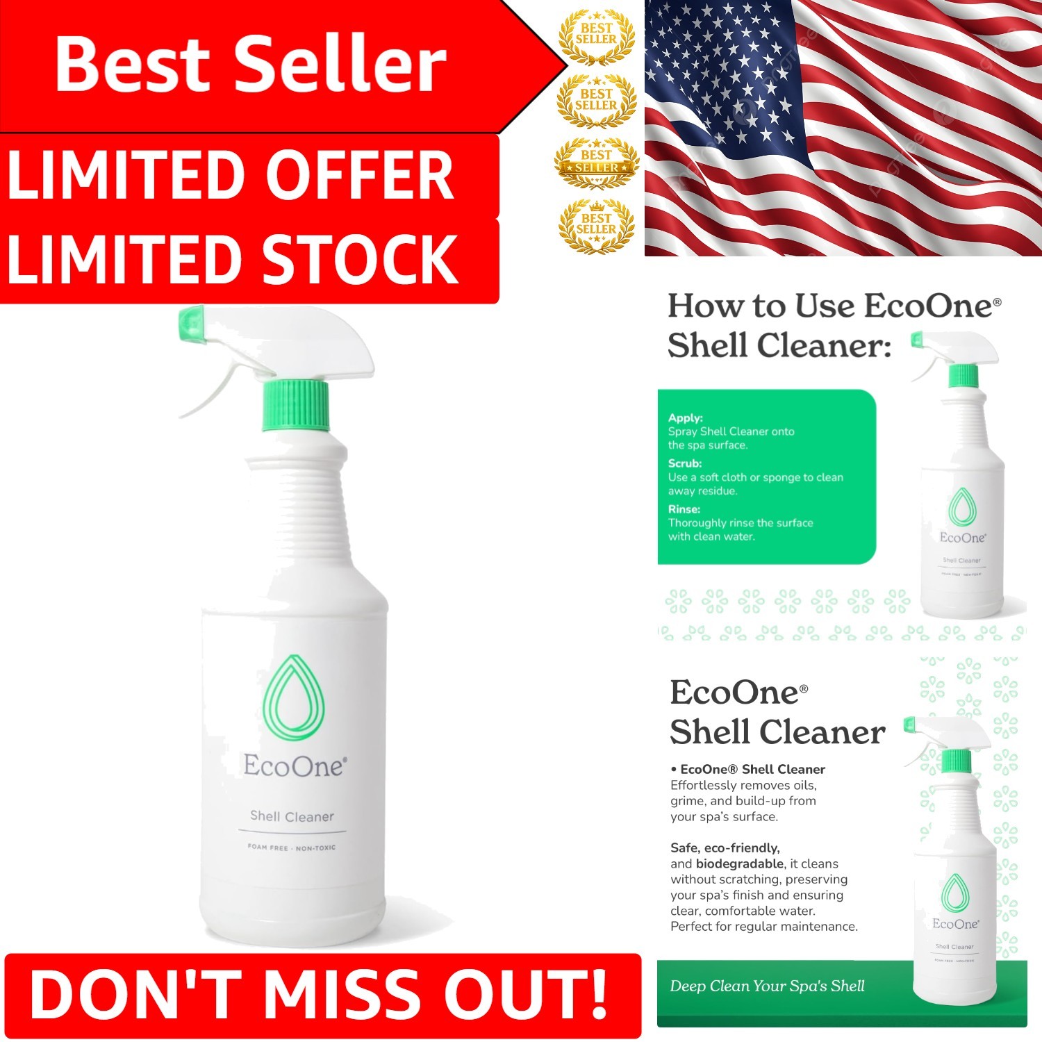 32 Oz All-Natural Spa Shell Cleaner | Foam-Free & Fragrance-Free Hot Tub Cleaner