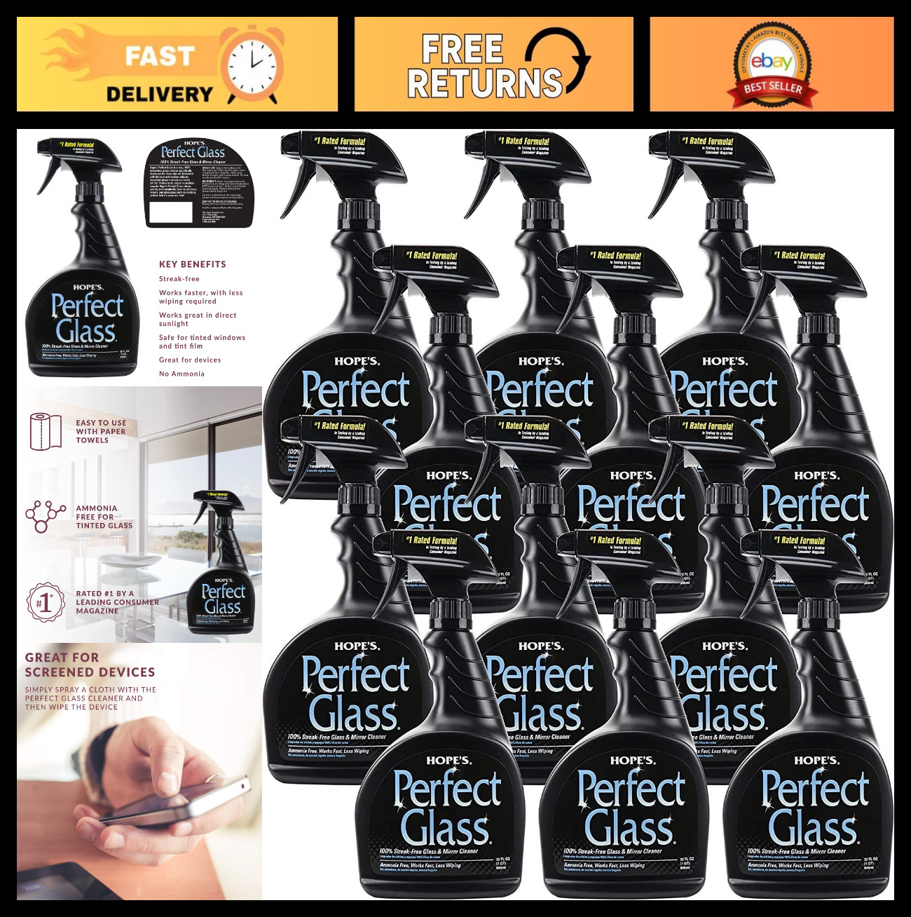 Streak-Free Glass Cleaner Spray – Ammonia-Free for Windows, Mirrors, Screens & M