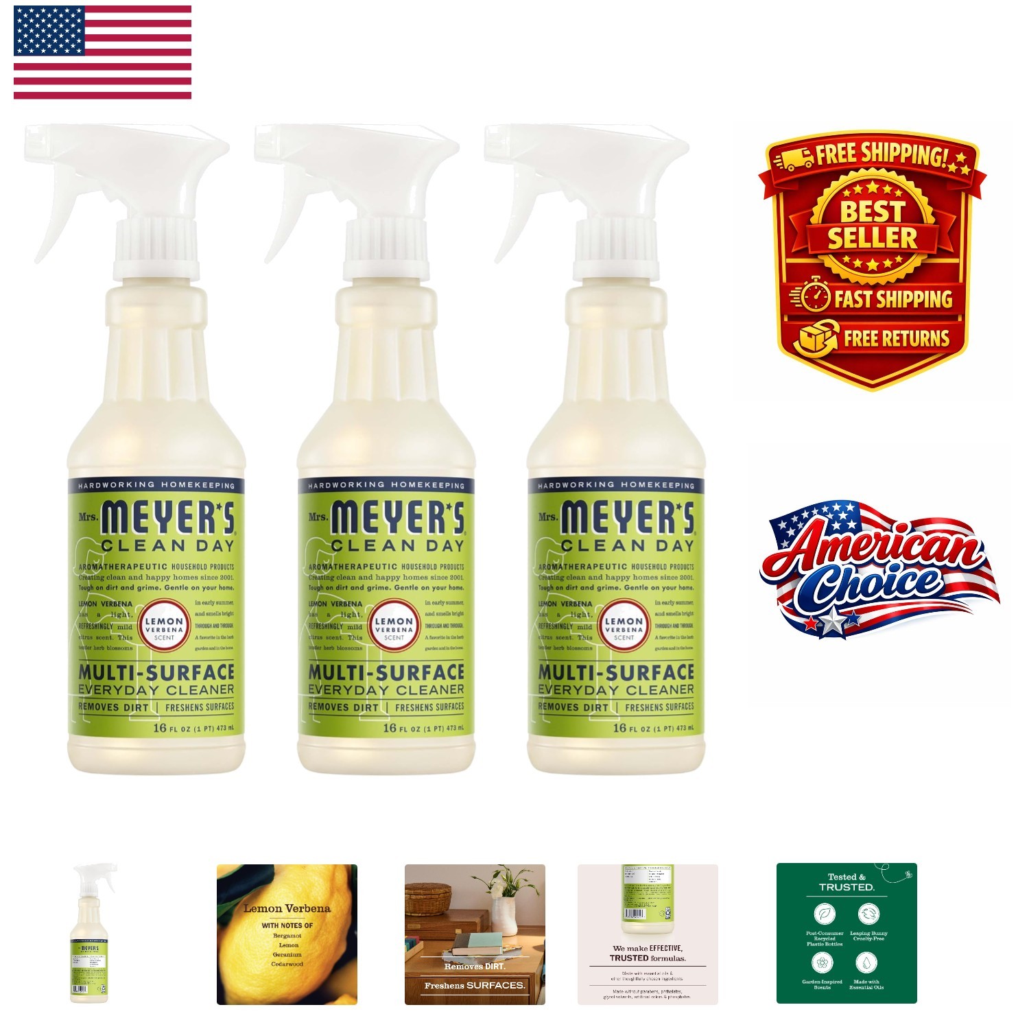 Mrs. Meyer’s Clean Day Cruelty-Free All-Purpose Cleaner Spray, 16 oz – Pack of 3