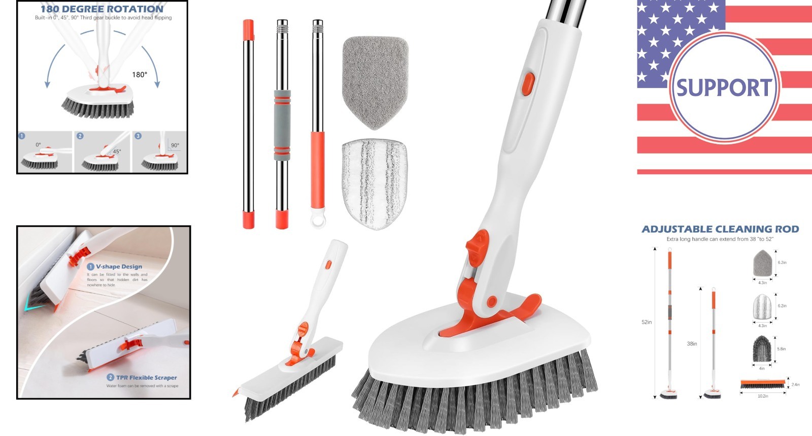 Effortless 52-Inch Floor Scrubber with V-Shaped Grout Brush & Detachable Heads
