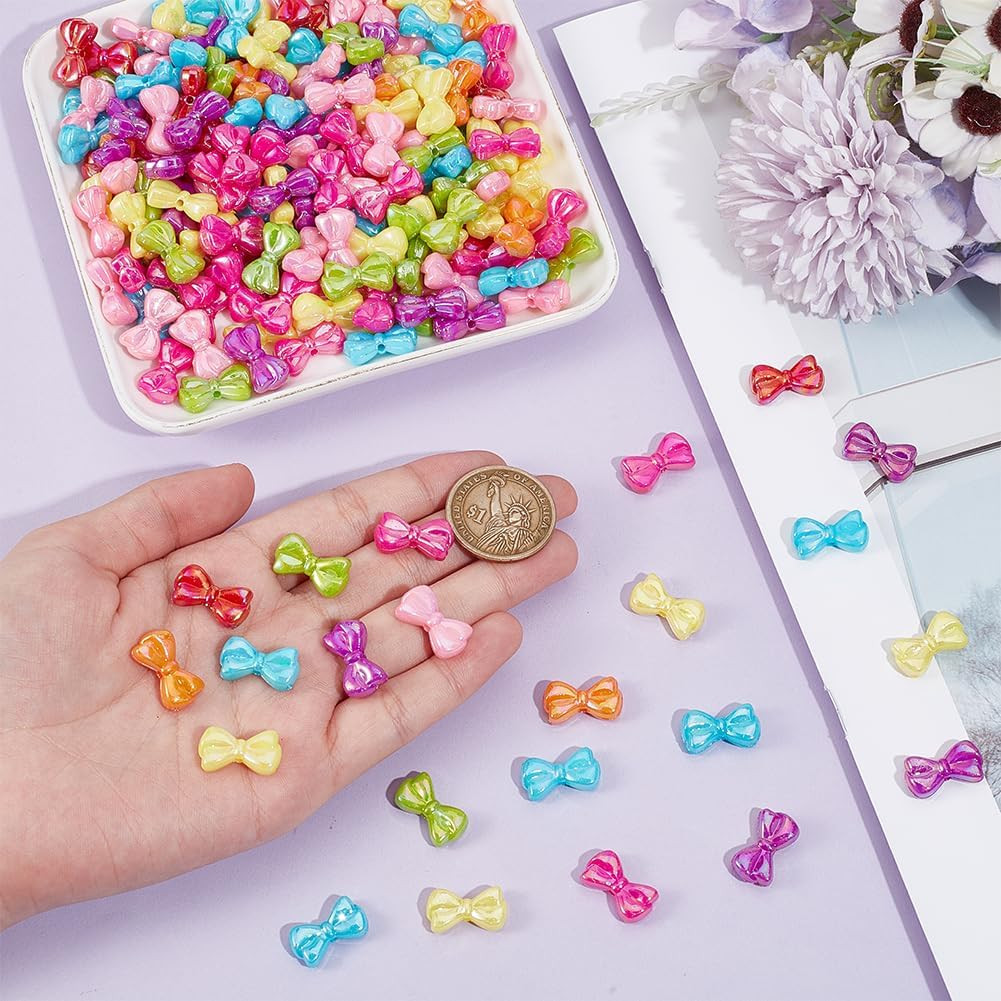 200Pcs Bowknot Beads Acrylic Bow Bead Bulk Colorful Pink Blue Green Opaque Butte