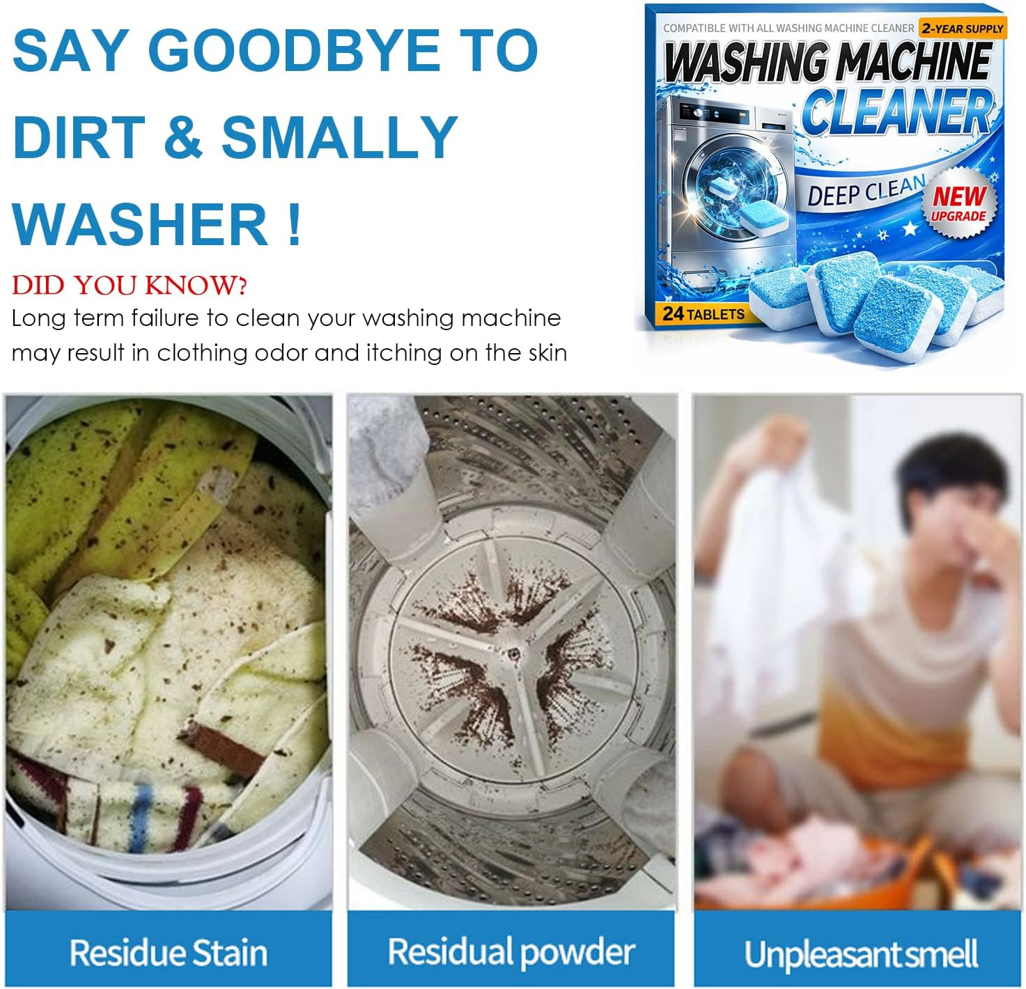 Enzyme Washing Machine Cleaner Tablets (24 Pack) – Protease Deep Clean Laundry M