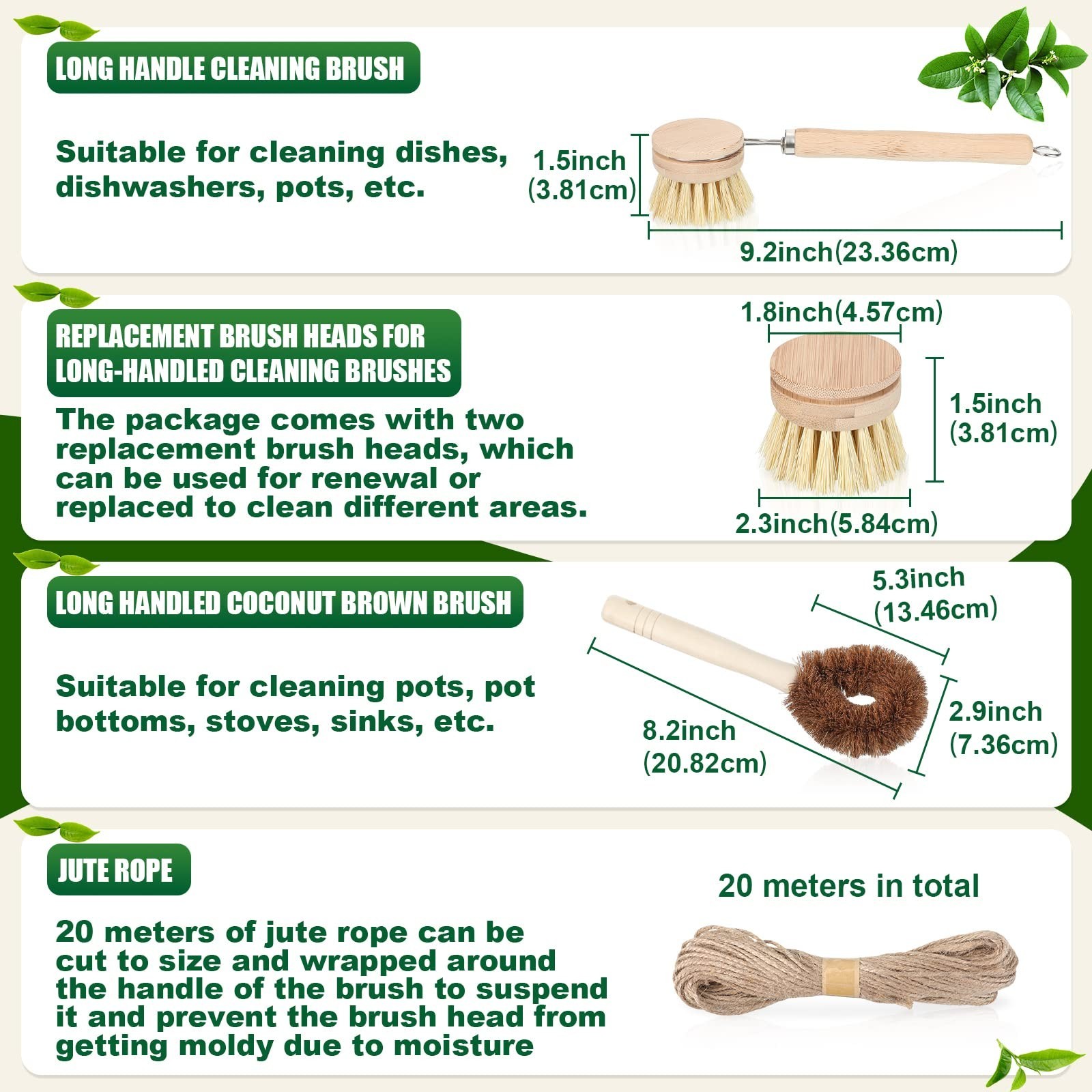 8 Pcs Bamboo Dish Brushes Set – Natural Sisal Bristles, Long Handle Scrubbers fo