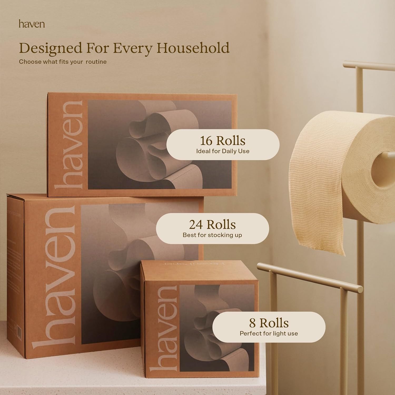 Haven Unbleached Bamboo Toilet Paper with Plastic Free Packaging, 3-Ply, 24 Ro