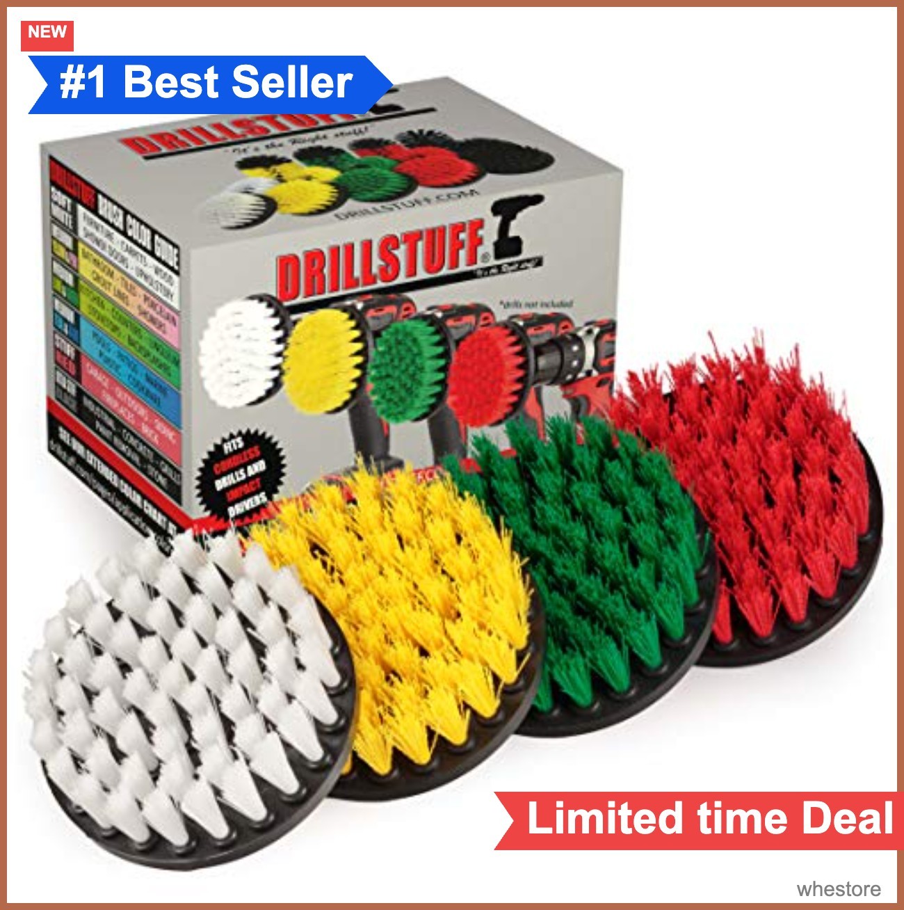 Drill Brush Attachment Power Scrubber 4 Piece Set Soft Medium Stiff Nylon 4